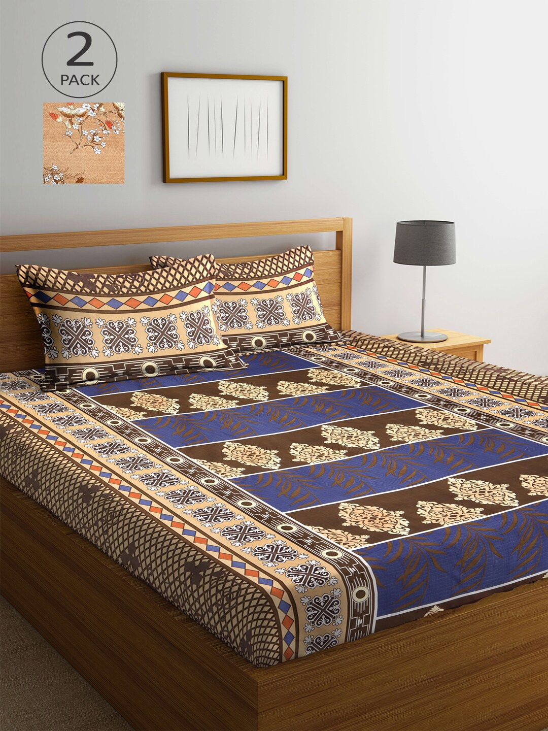 

Arrabi Brown & Blue Floral 300 TC 2 King-Size Bedsheet with 4 Pillow Covers