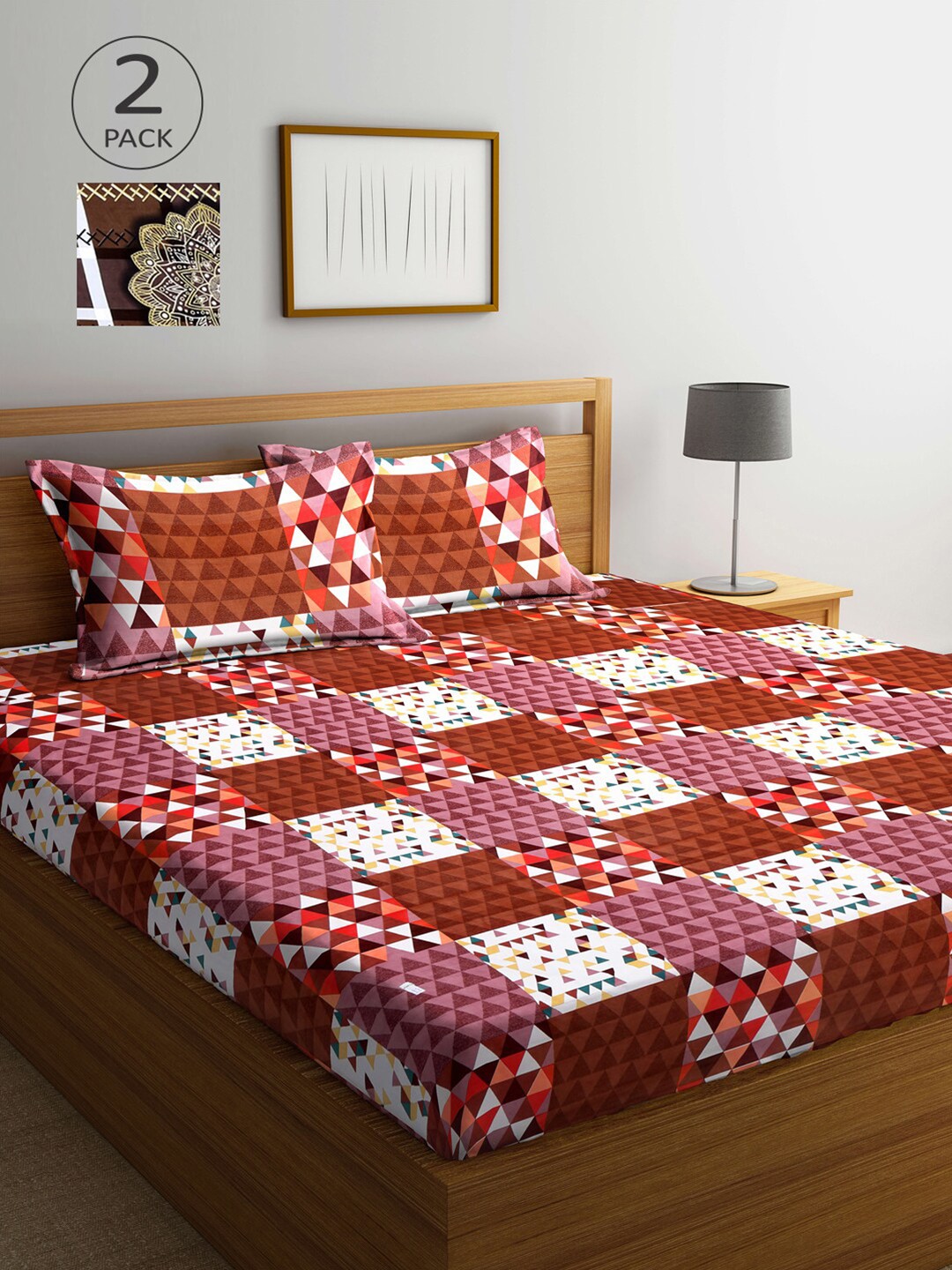 

Arrabi Multicoloured Geometric 300 TC 2 King Bedsheet with 4 Pillow Covers, Multi