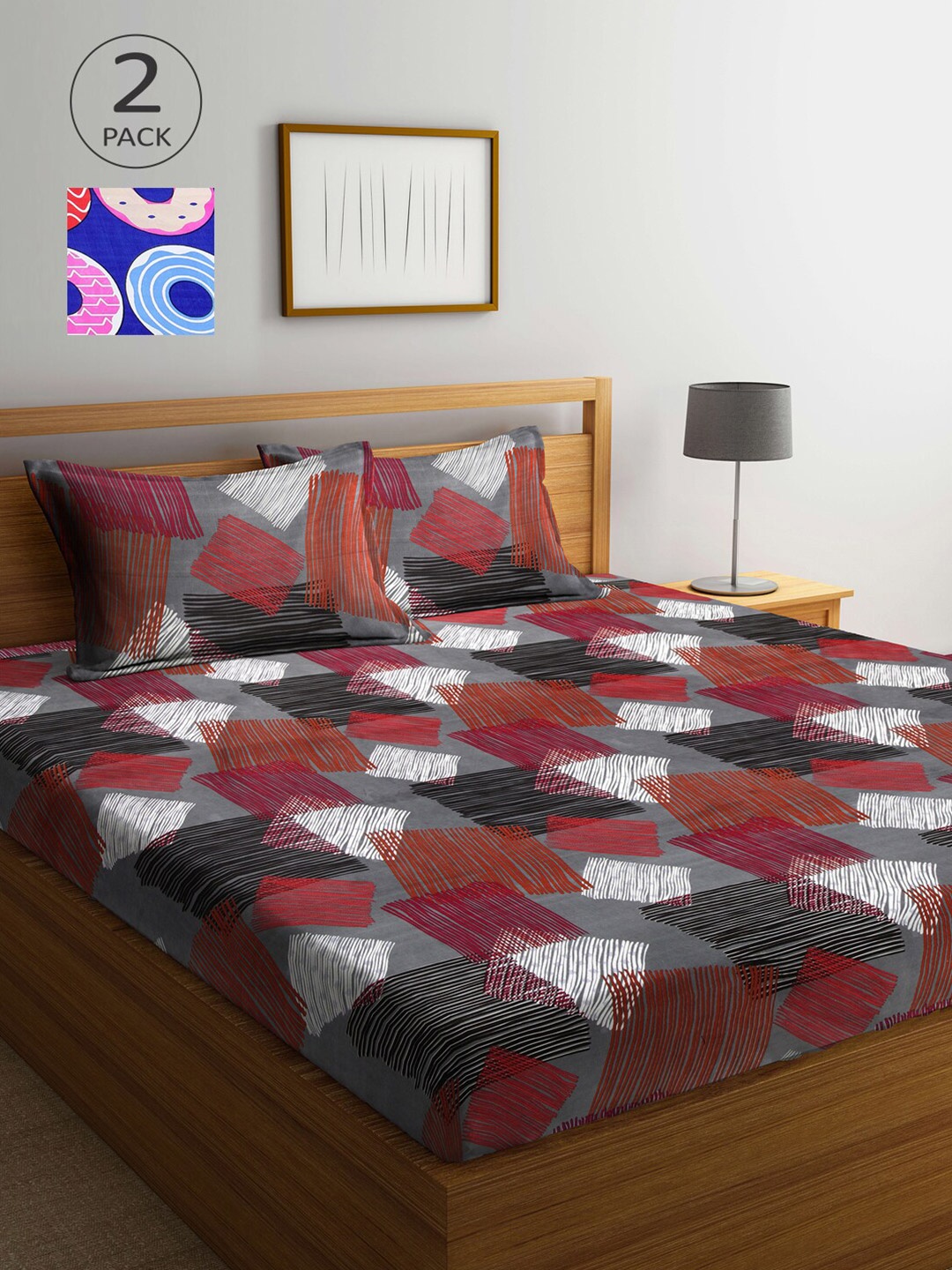 

Arrabi Grey & Blue Geometric 300 TC 2 King Bedsheet with 4 Pillow Covers