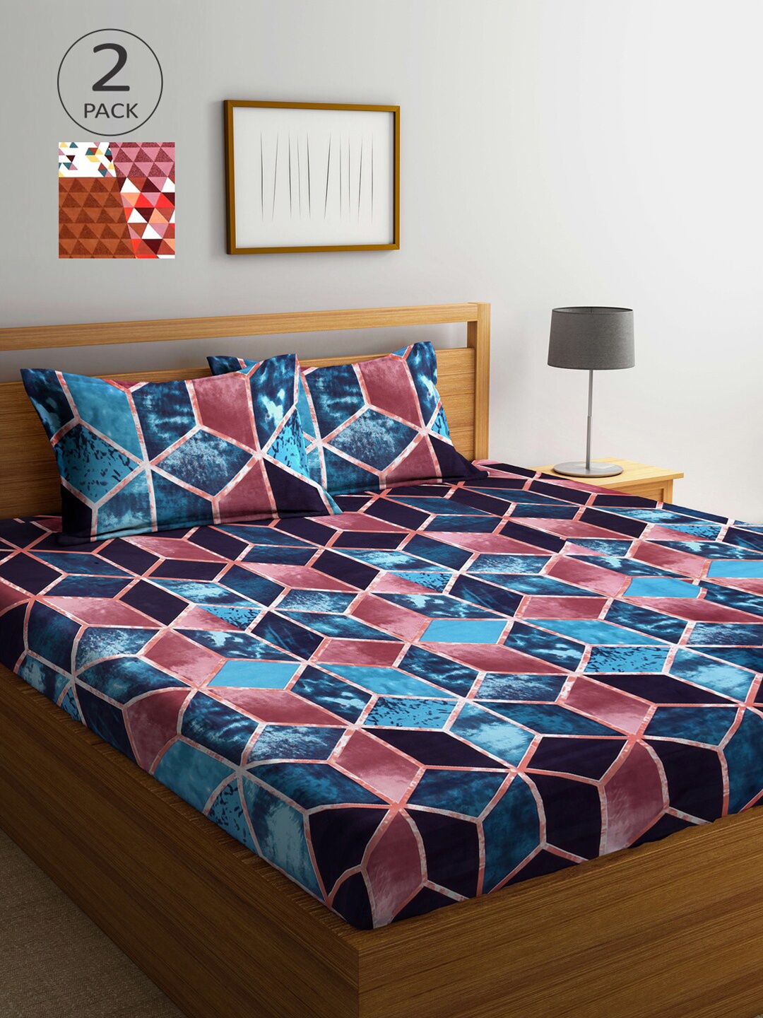 

Arrabi Blue & Pink Geometric 300 TC 2 King-Size Bedsheet with 4 Pillow Covers