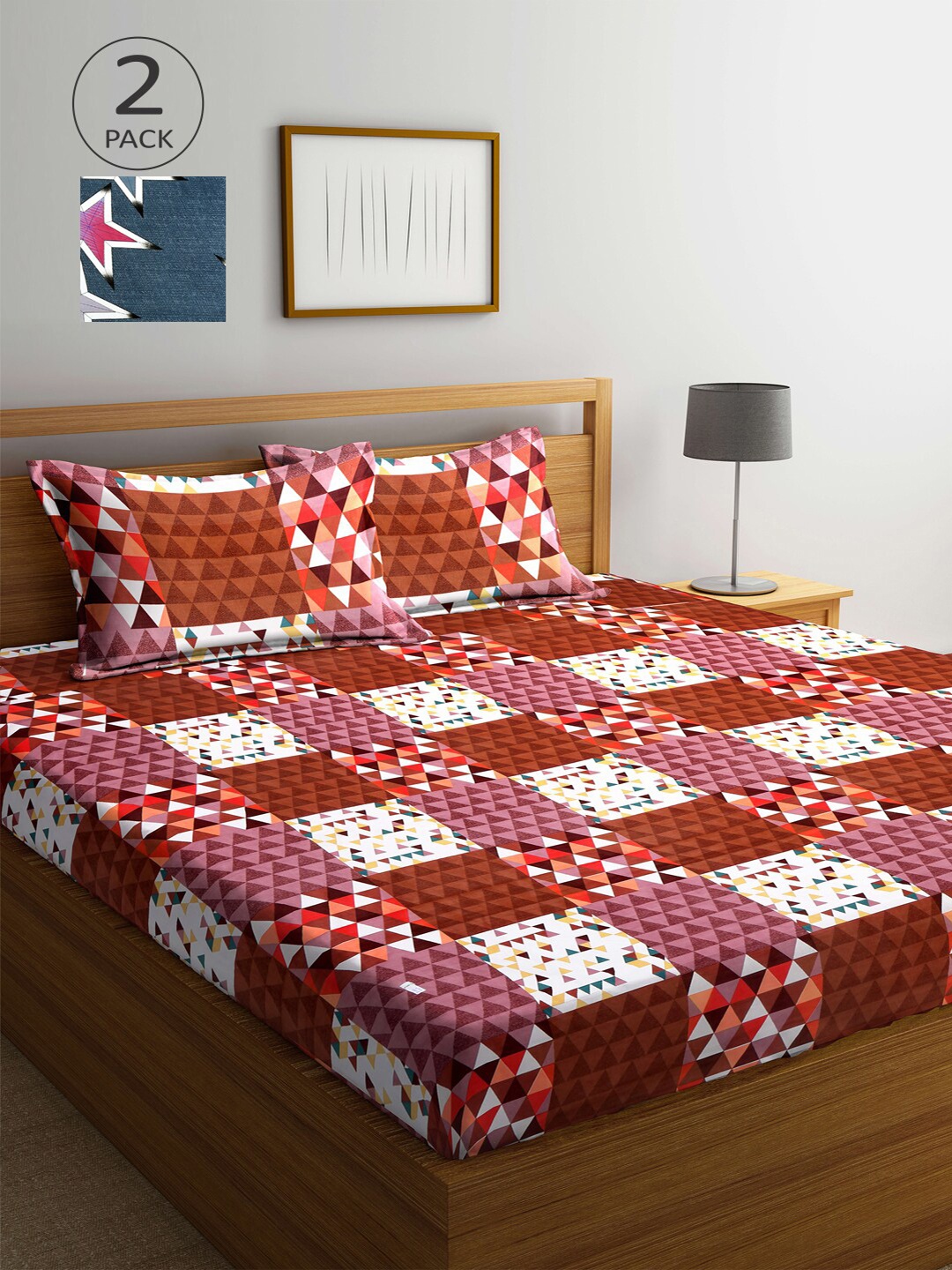 

Arrabi Multicoloured Geometric 300 TC 2 King Bedsheet with 4 Pillow Covers, Multi