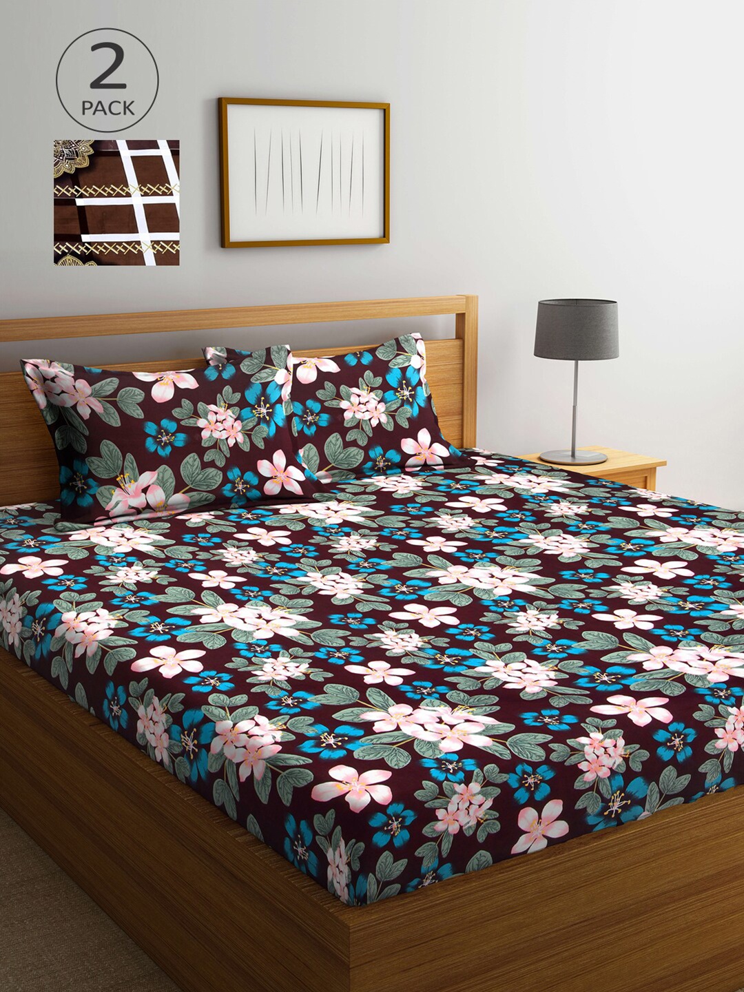 

Arrabi Brown & Pink Floral 300 TC 2 King-Size Bedsheet with 4 Pillow Covers