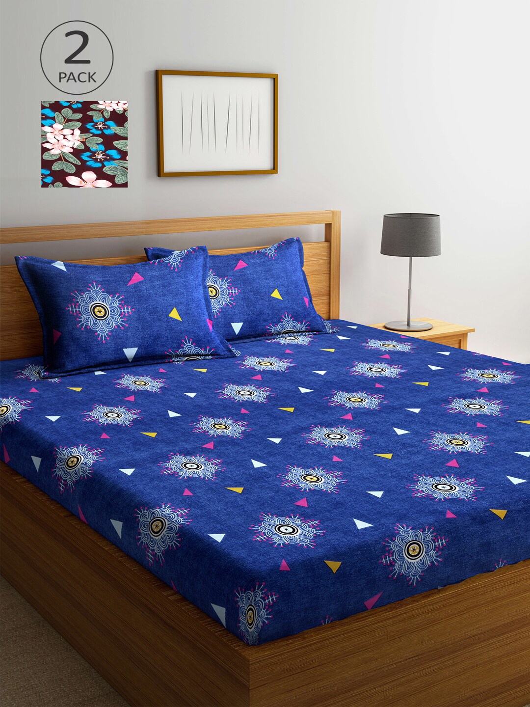 Arrabi Blue & Maroon Floral 300 TC 2 King-Size Bedsheets with 4 Pillow Covers