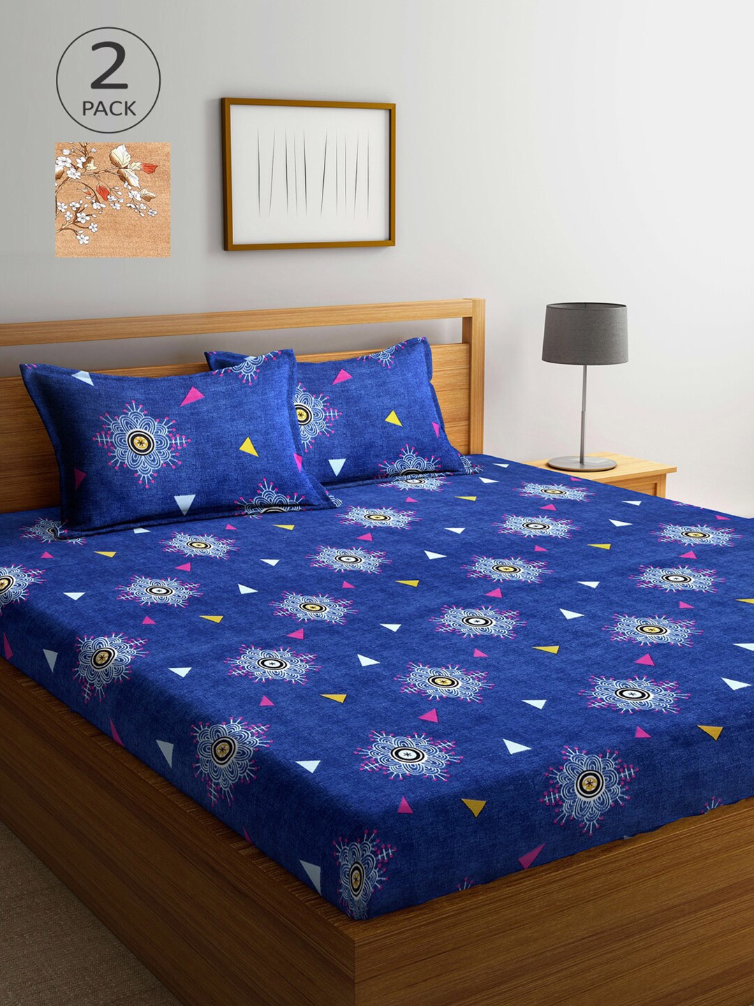 

Arrabi Blue & Beige Floral 300 TC 2 King Bedsheet with 4 Pillow Covers