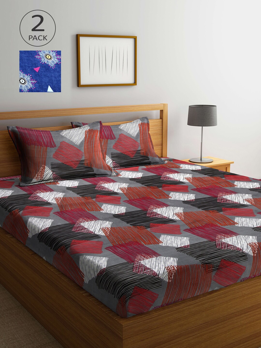 

Arrabi Multicoloured Geometric 300 TC 2 King Bedsheet with 4 Pillow Covers, Multi