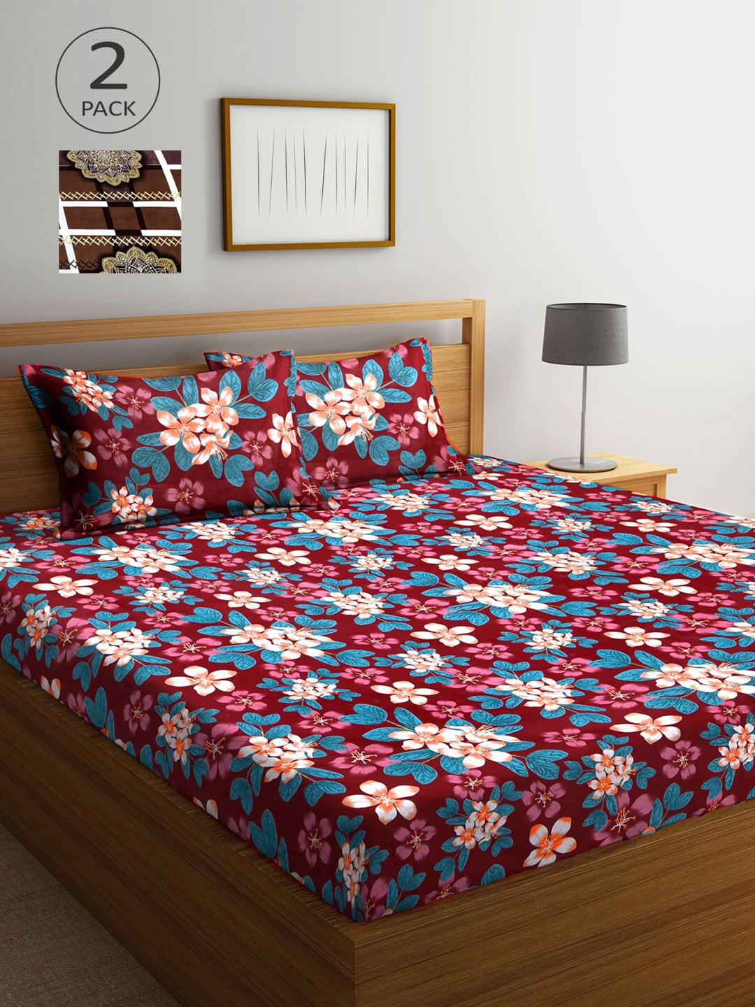 

Arrabi Multicoloured Floral 300 TC 2 Cotton King Bedsheet with 4 Pillow Covers, Multi