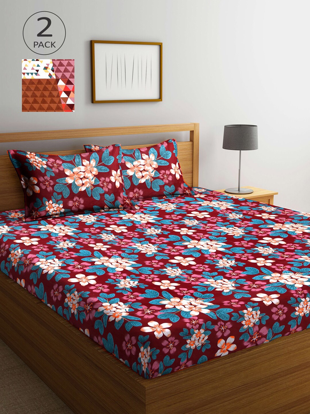 

Arrabi Maroon & White Floral 300 TC 2 King Bedsheet with 4 Pillow Covers