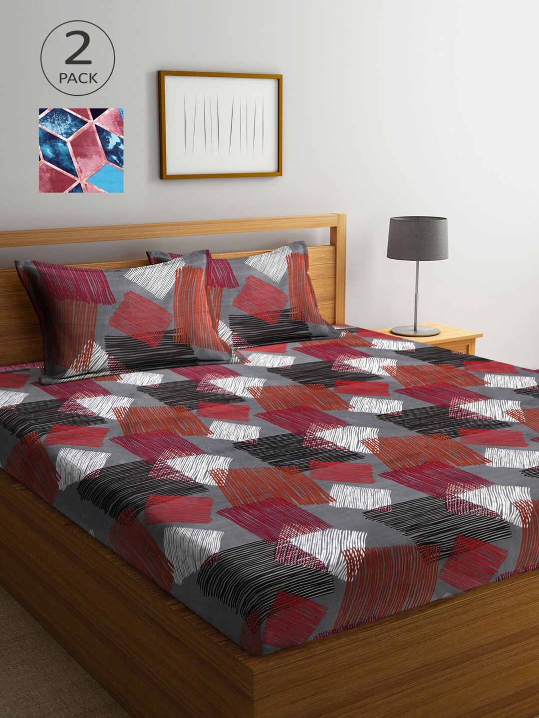 

Arrabi Multicoloured Geometric 300 TC 2 King Bedsheet with 4 Pillow Covers, Multi