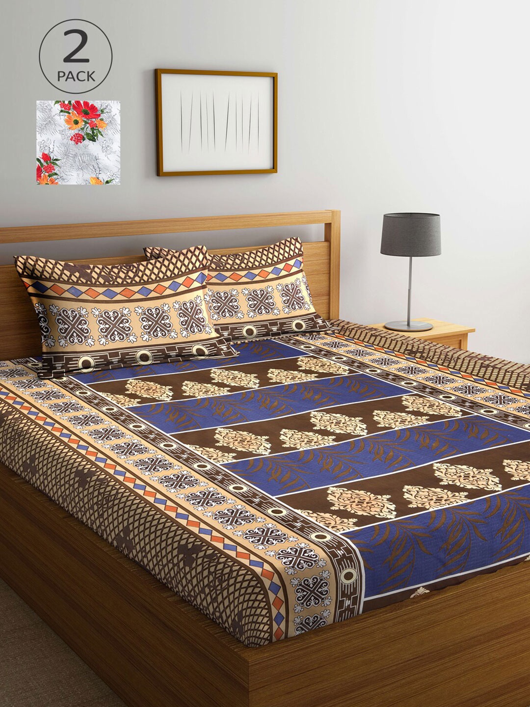 

Arrabi Grey & Blue Floral 300 TC 2 King-Size Bedsheet with 4 Pillow Covers