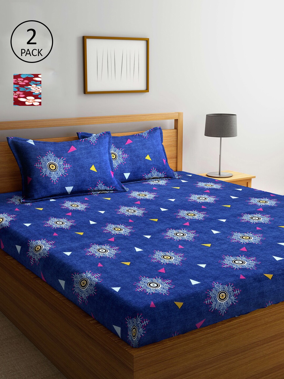 

Arrabi Maroon & Blue Floral 300 TC 2 King Bedsheet with 4 Pillow Covers