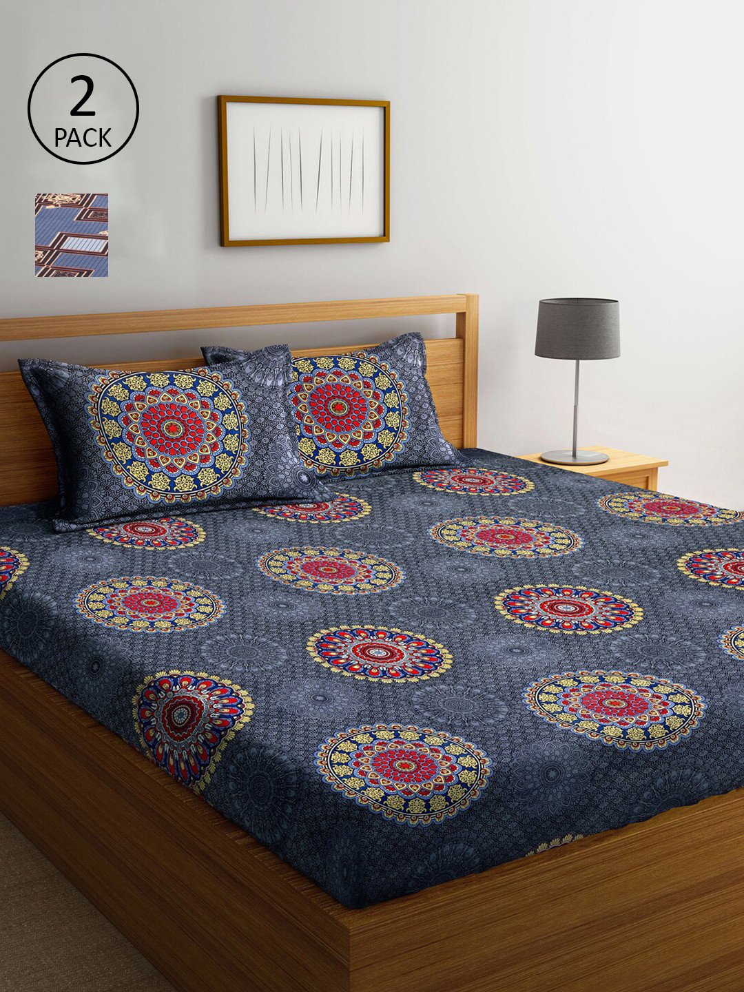 

Arrabi Multicoloured Ethnic Motifs 300 TC 2 Cotton King Bedsheet with 4 Pillow Covers, Multi