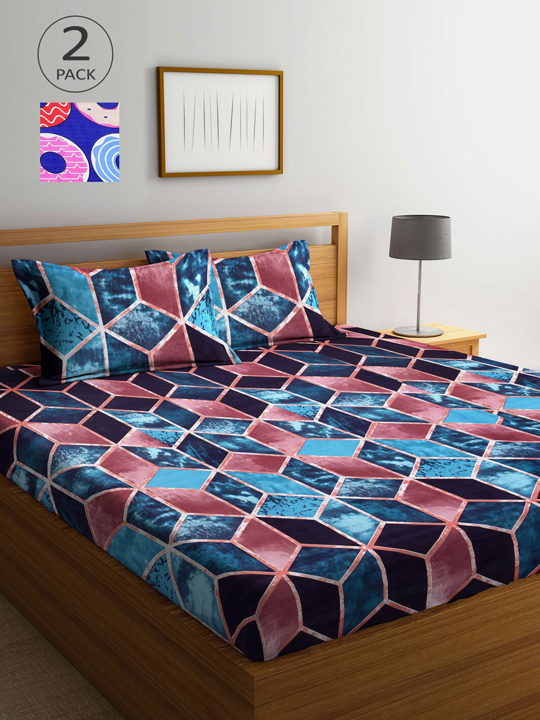 

Arrabi Pack Of 2 Pink & Blue Geometric 300 TC 2 King Bedsheet with 4 Pillow Covers