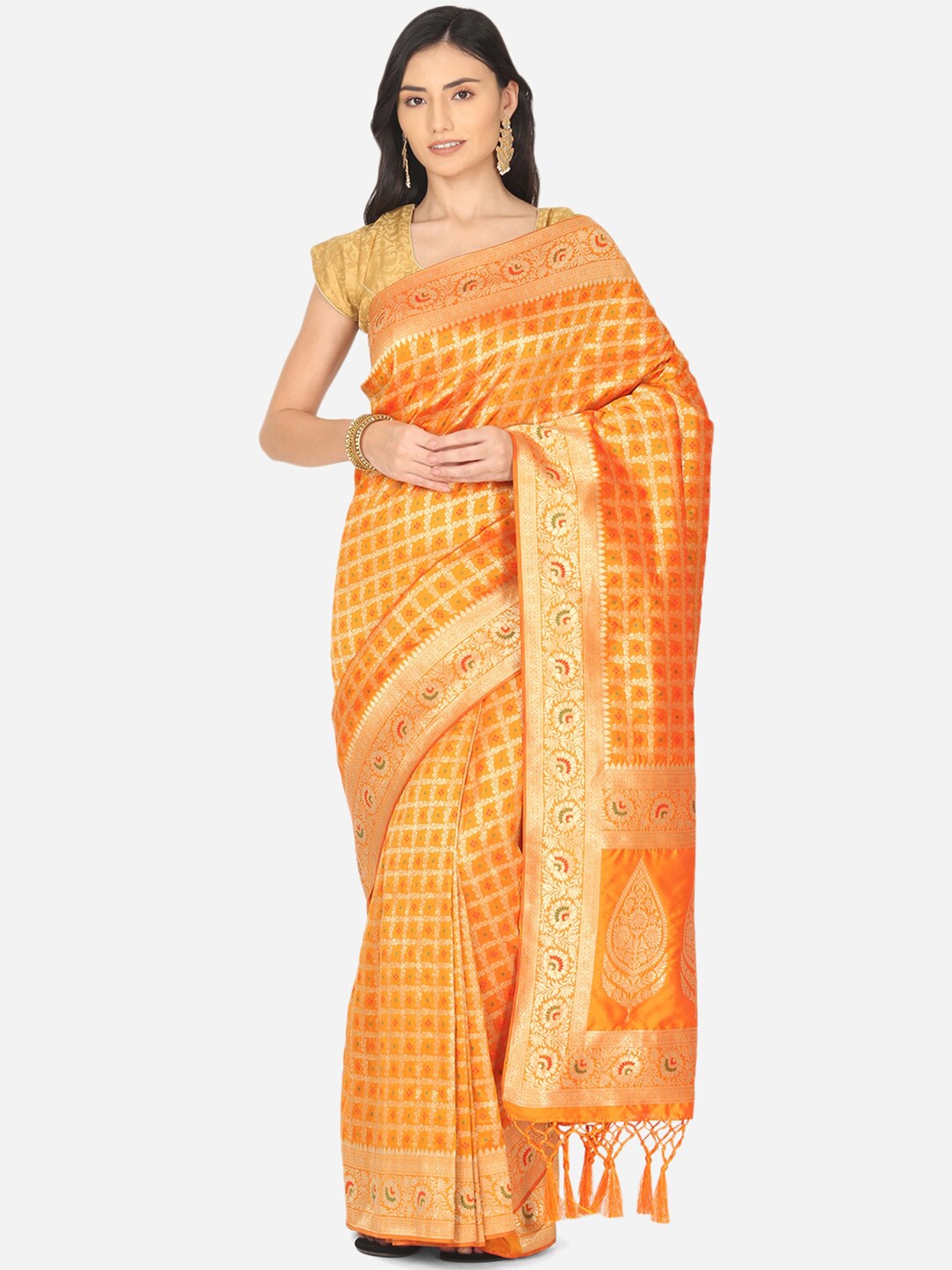 

BOMBAY SELECTIONS Orange & Gold-Toned Checked Zari Art Silk Banarasi Saree