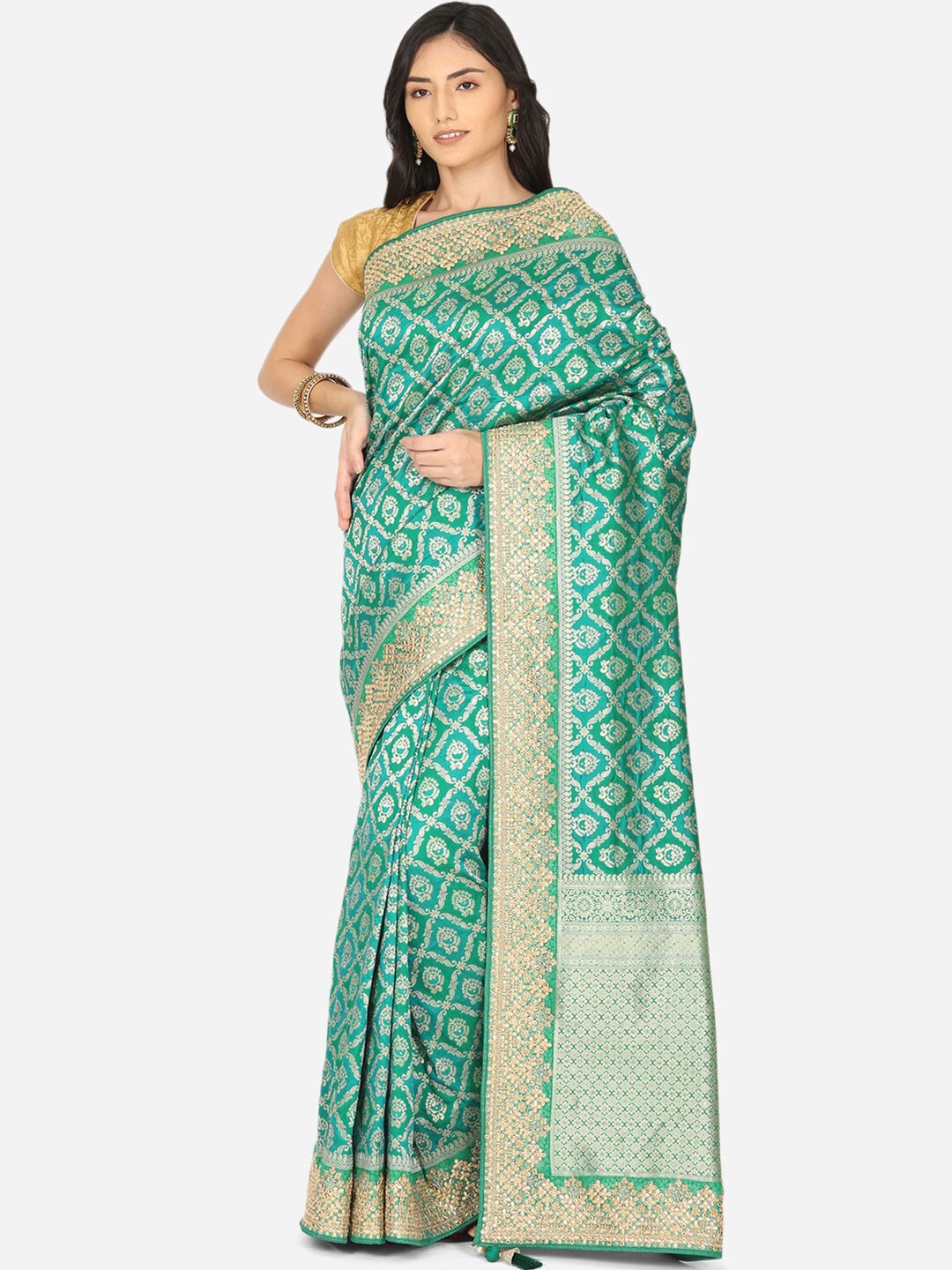 

BOMBAY SELECTIONS Sea Green & Gold-Toned Woven Design Zari Art Silk Banarasi Saree