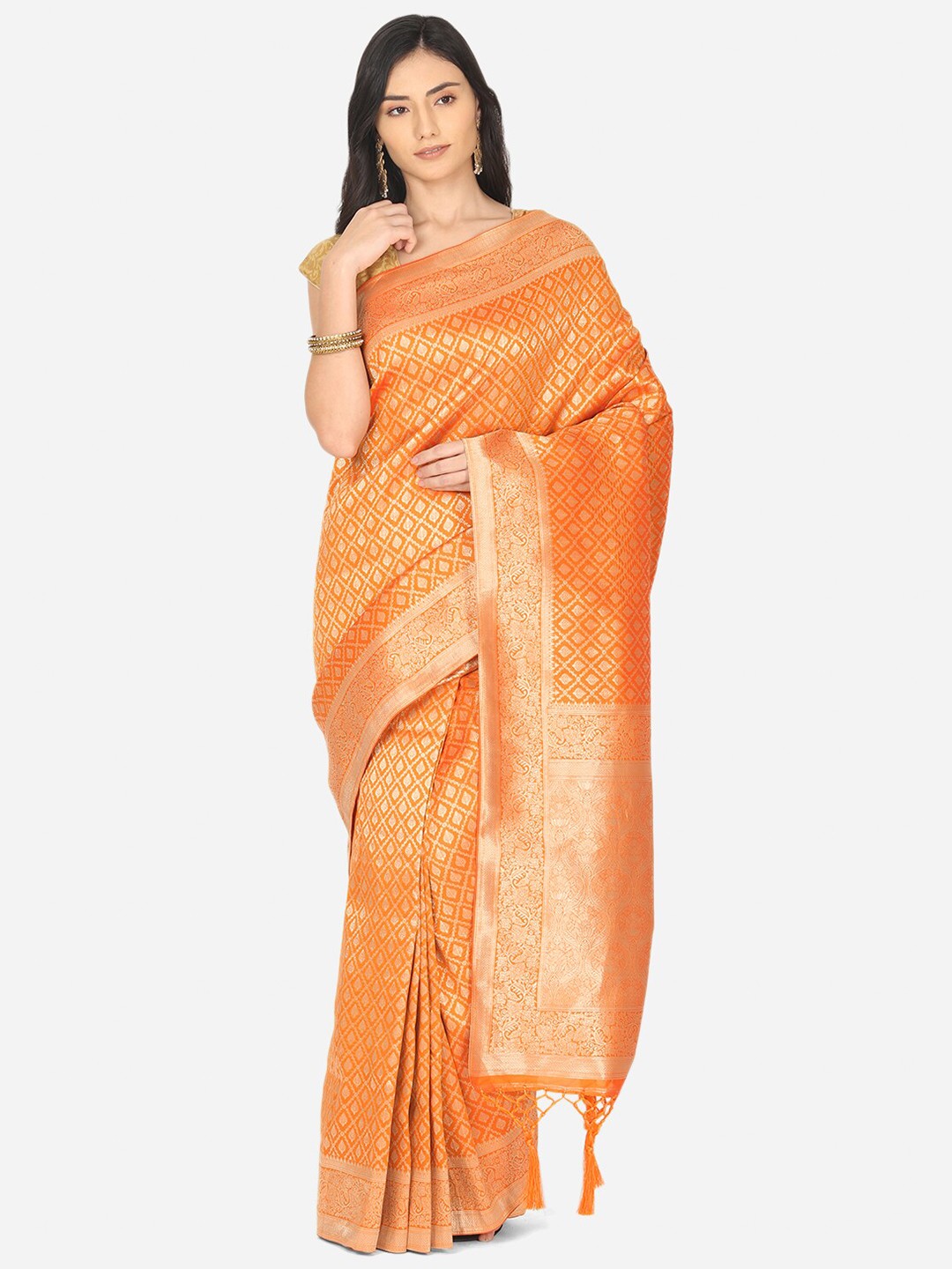 

BOMBAY SELECTIONS Orange & Gold-Toned Woven Design Zari Art Silk Banarasi Saree