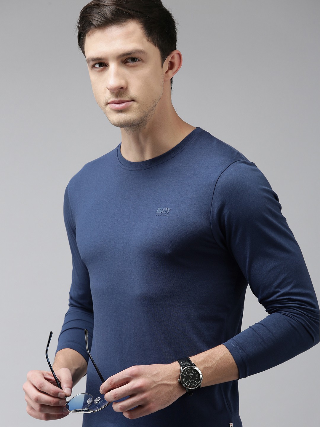

BEAT LONDON by PEPE JEANS Men Blue Solid Slim Fit Pure Cotton T-shirt
