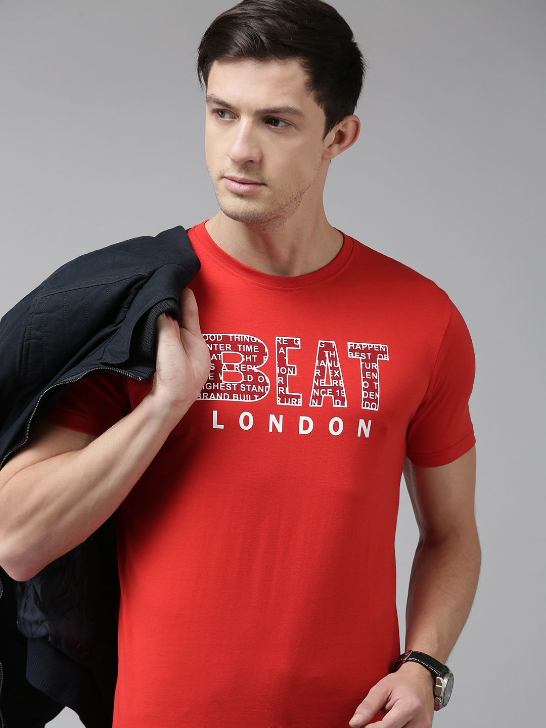 

BEAT LONDON by PEPE JEANS Men Red Typography Printed Slim Fit Pure Cotton T-shirt