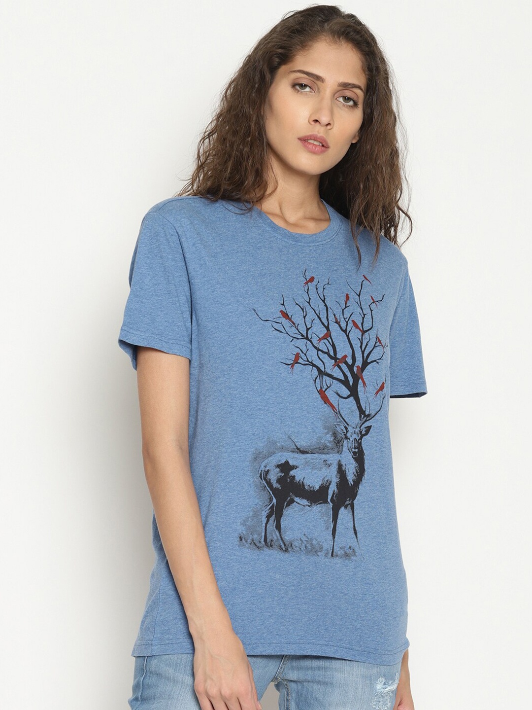 

Wolfpack Women Blue & Black Printed Cotton T-shirt
