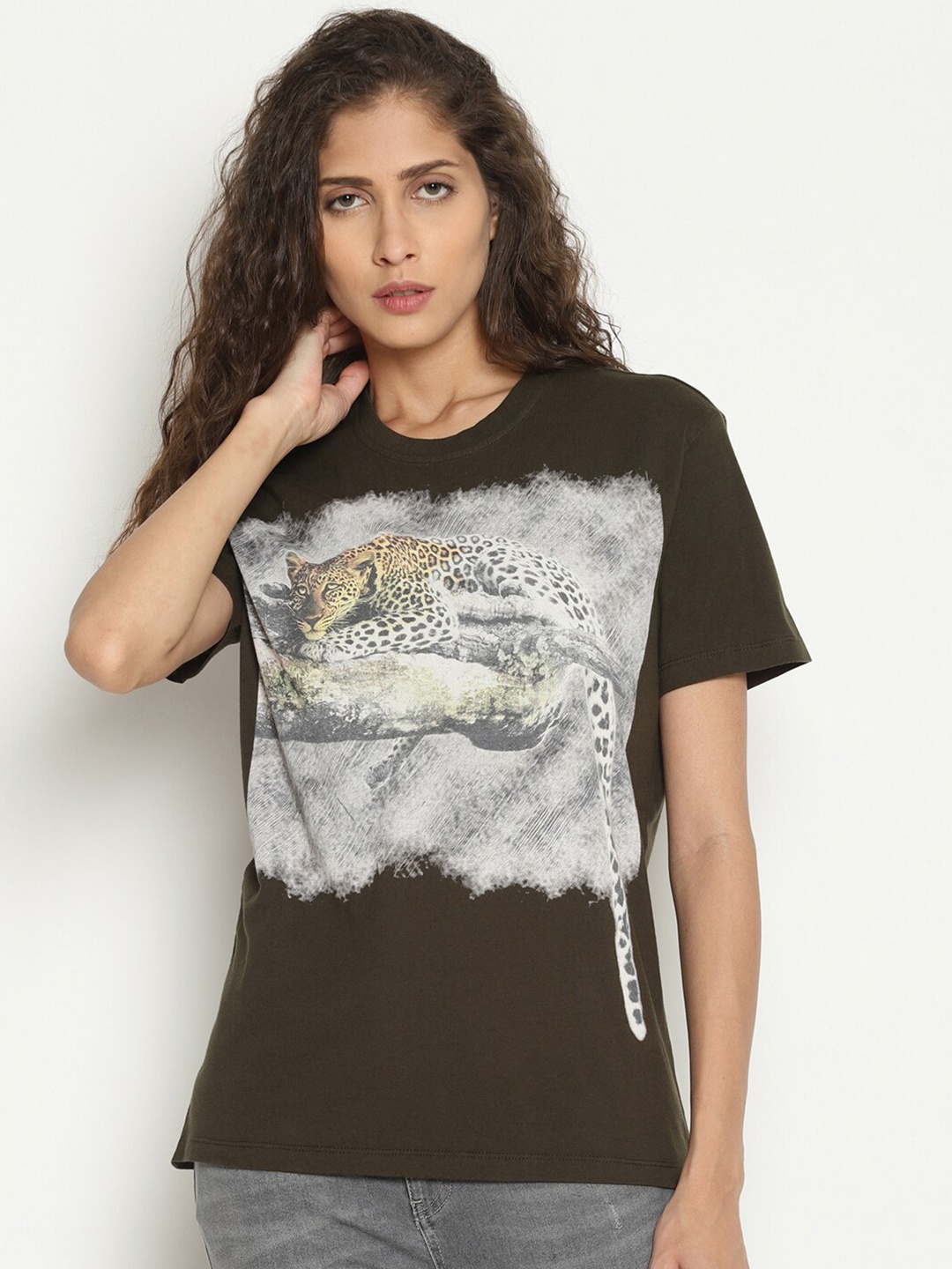

Wolfpack Women Olive Green Printed Raw Edge T-shirt