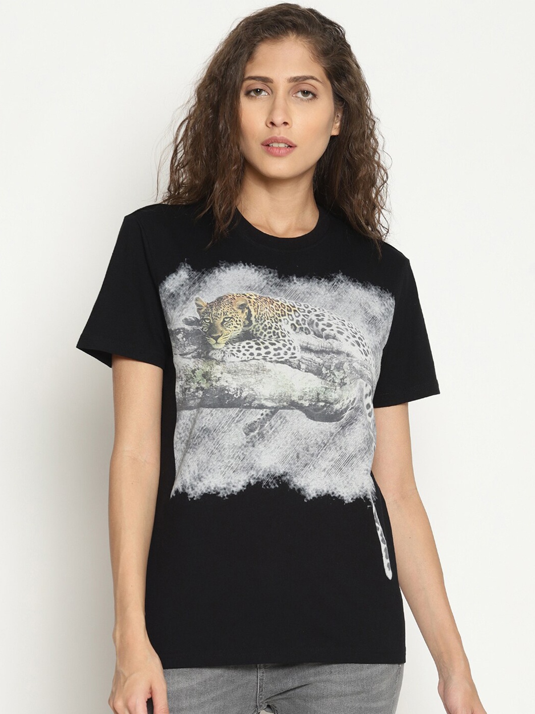 

Wolfpack Women Black Leopard Printed T-shirt
