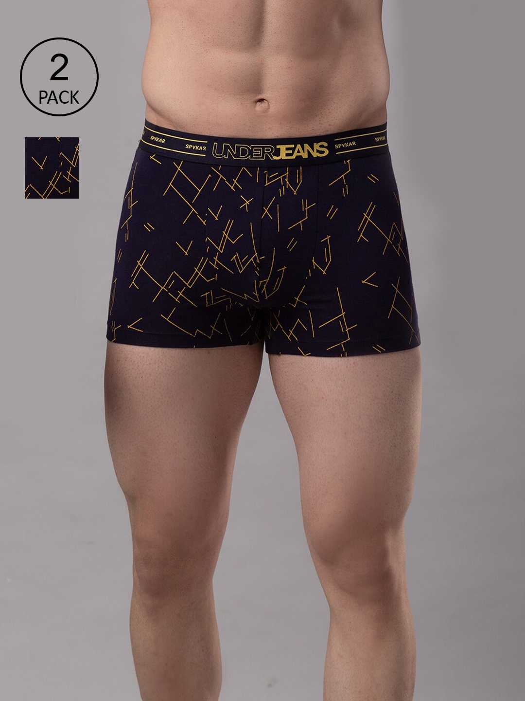 

UnderJeans by Spykar Men Navy Blue & Yellow Printed Cotton Blend Trunks UJMTRPTC032