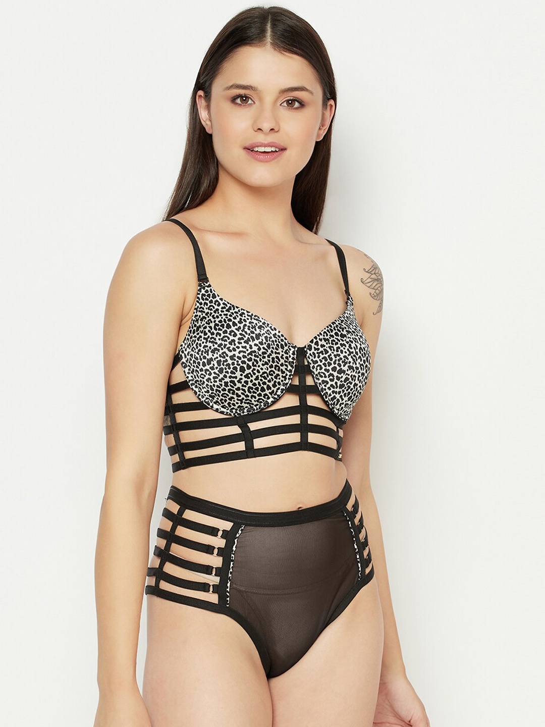 

Da Intimo Women Black & Beige Printed Cage Design Lingerie Set DI-1327 BLACK-I21
