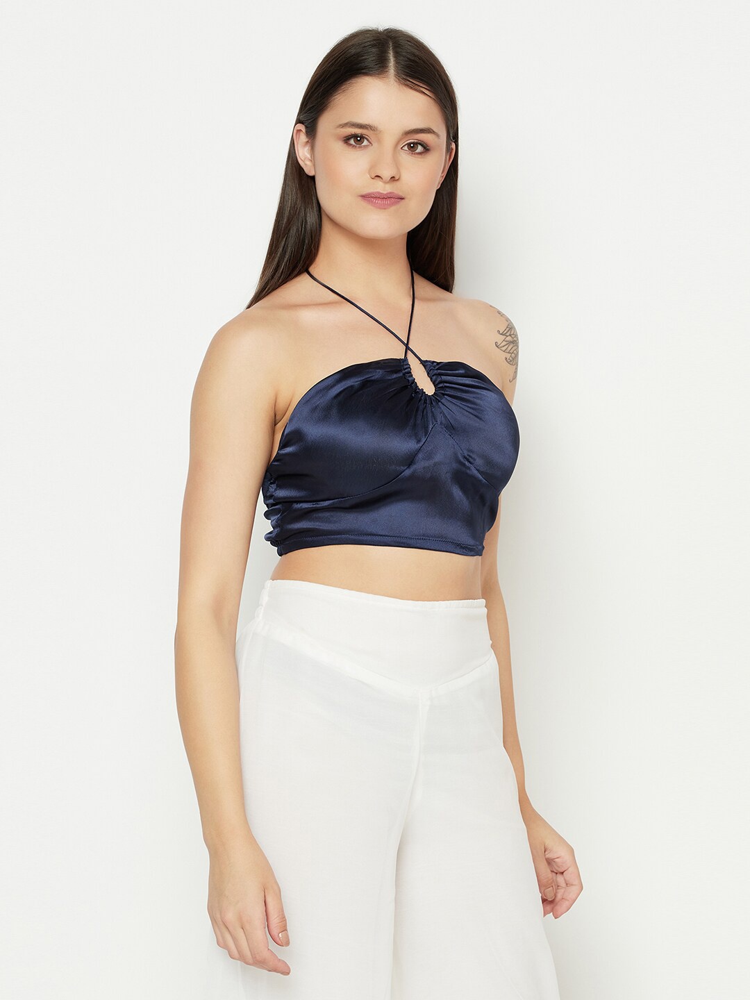 

Da Intimo Women Navy Blue Satin Finish Halter Neck Bralette