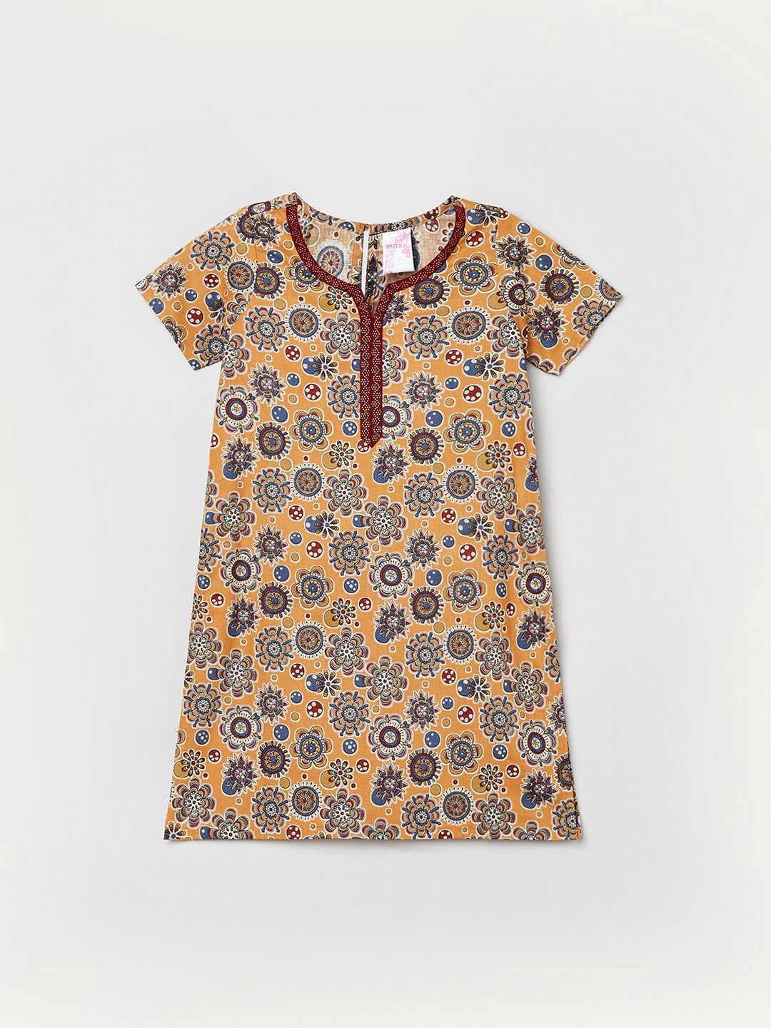 

max Girls Mustard Yellow & Blue Ethnic Motifs Printed Kurta