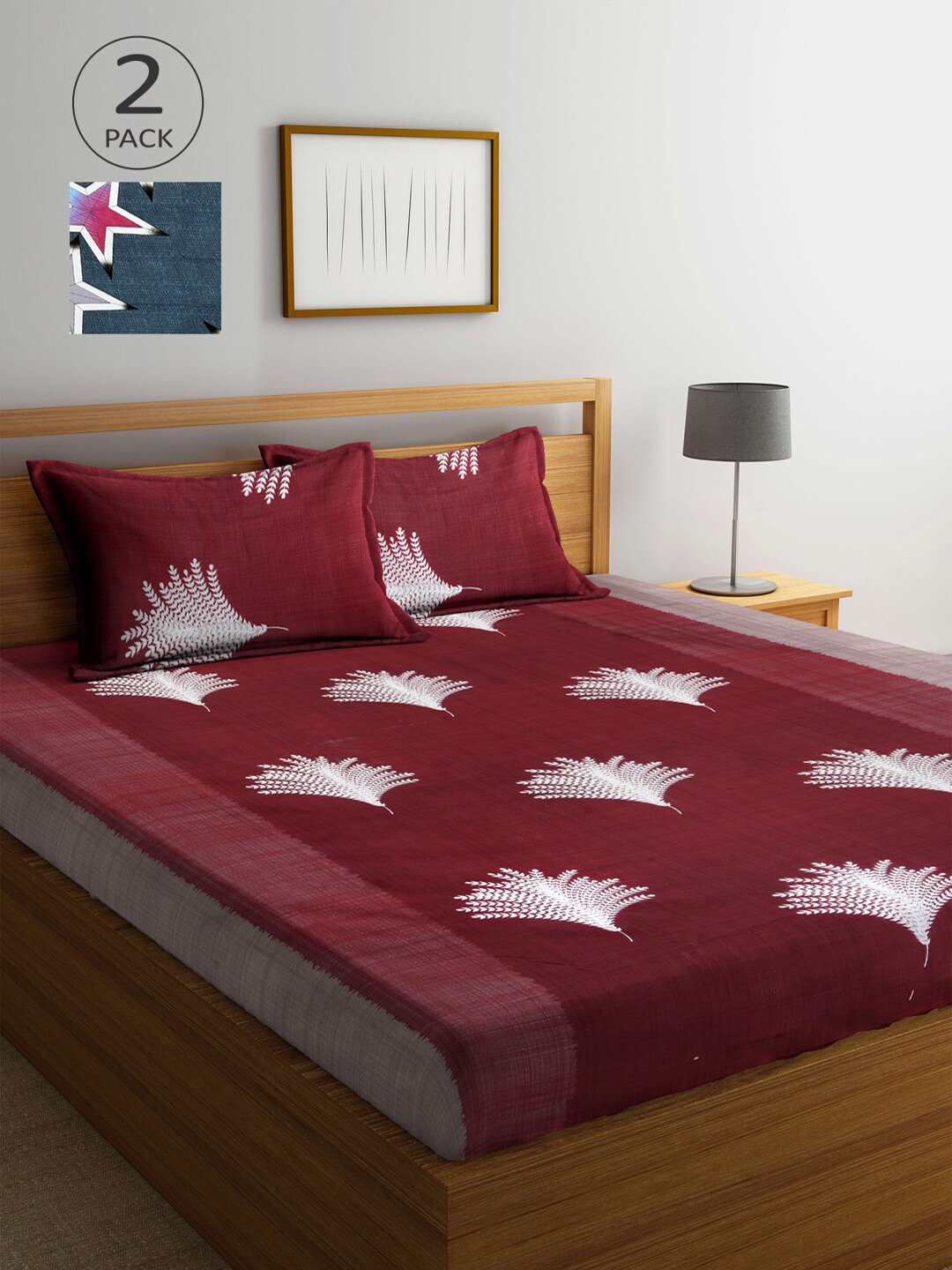 

Arrabi Set Of 2 Maroon & Grey Geometric 300 TC 2 King Bedsheet with 4 Pillow Covers