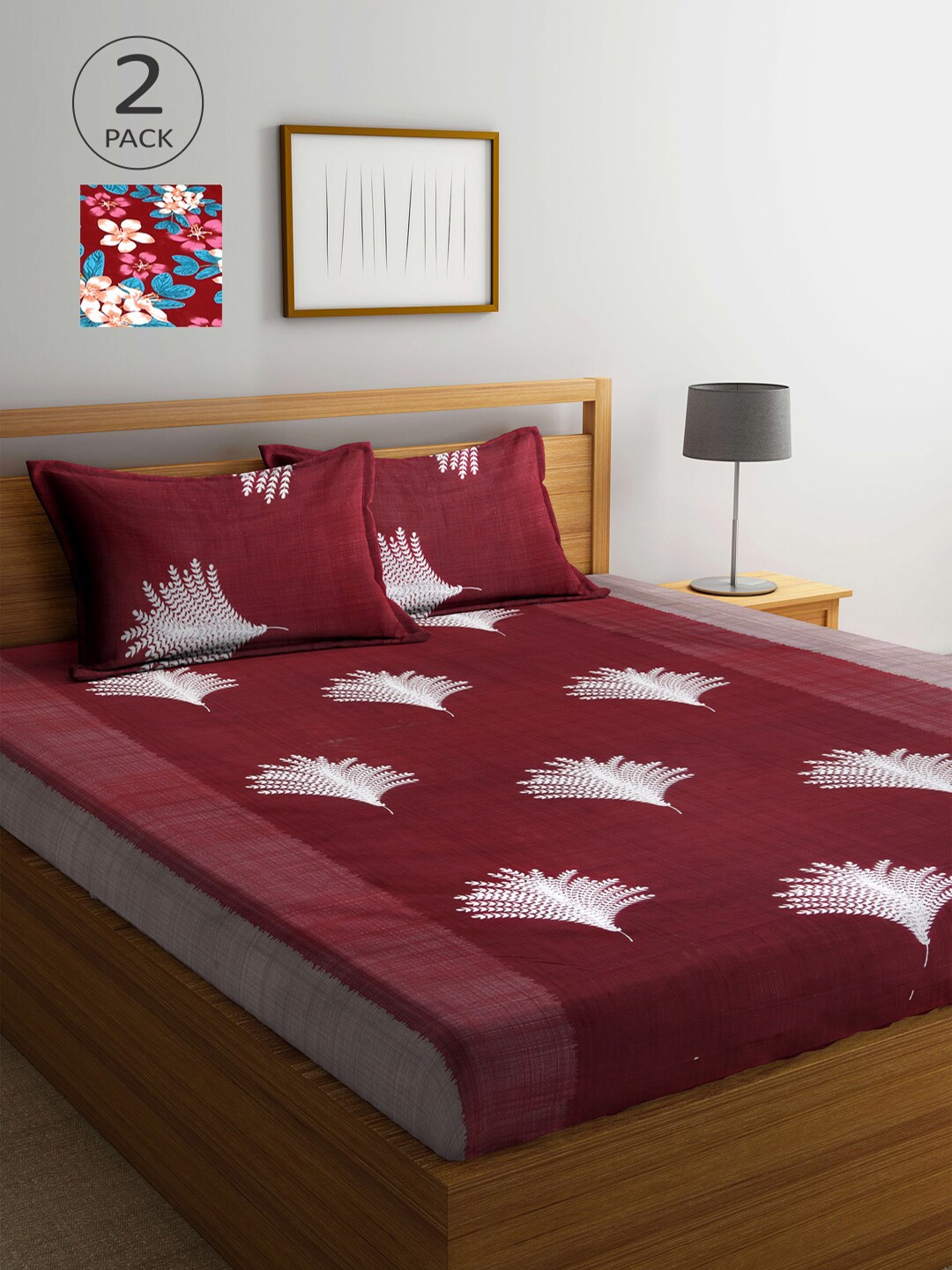

Arrabi Maroon & White Floral 300 TC 2 King Bedsheet with 4 Pillow Covers