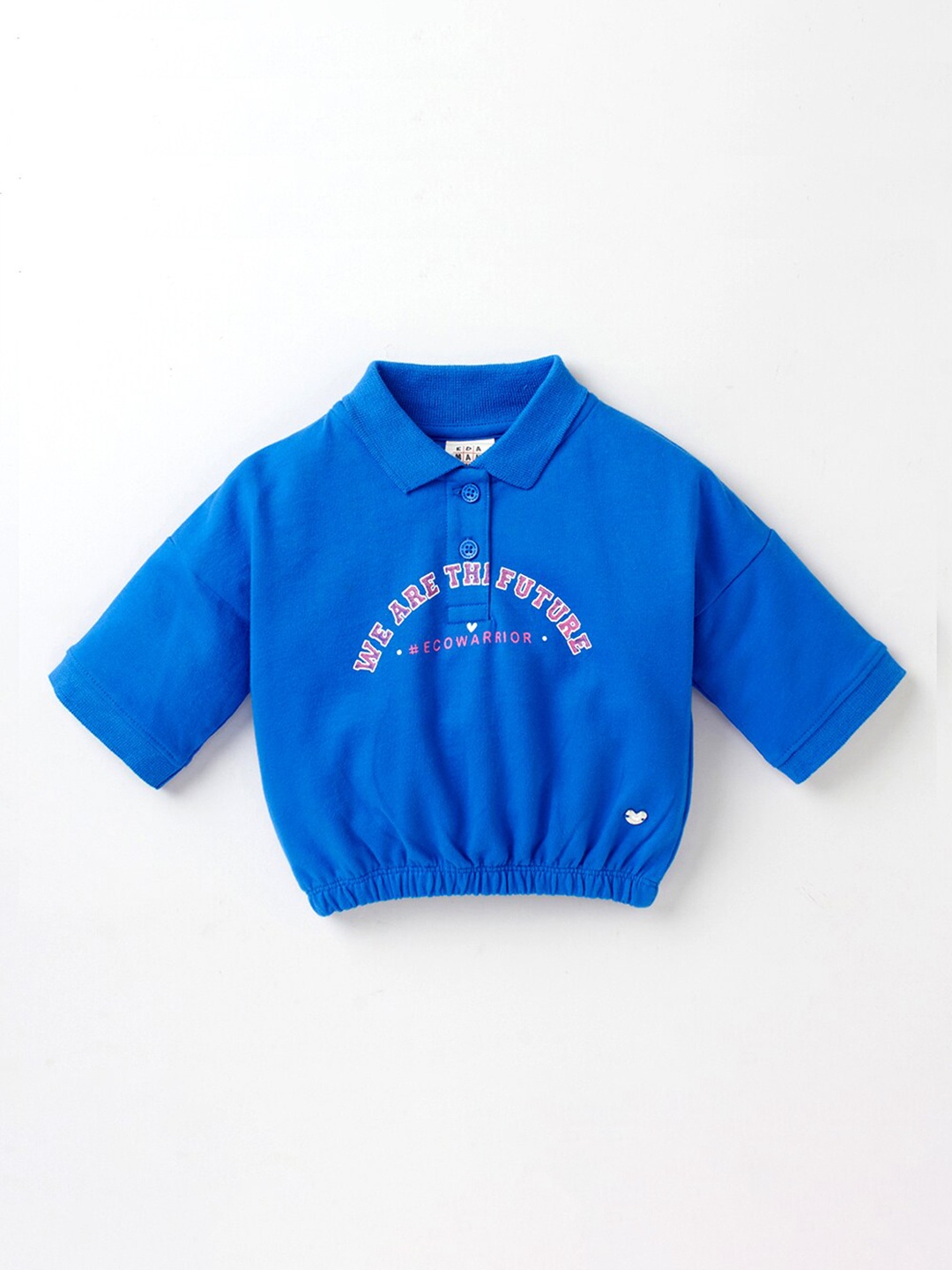 Ed-a-Mamma Girls Blue Typography Printed Polo Collar Drop-Shoulder Sleeves T-shirt
