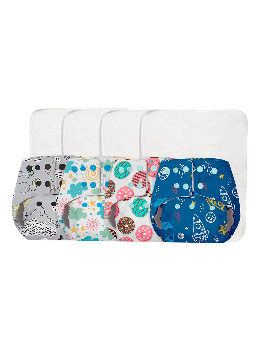 

BASIC by SuperBottoms Infants Kids Pack Of 4 Assorted Printed Sustainable Reusable Diapers, White