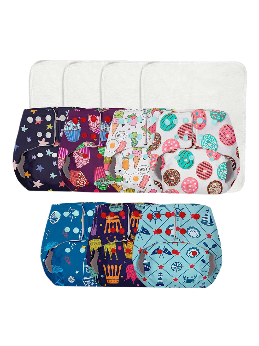 

BASIC by SuperBottoms Infant Kids Pack Of 7 Printed Sustainable Reusable Cloth Diapers, Multi