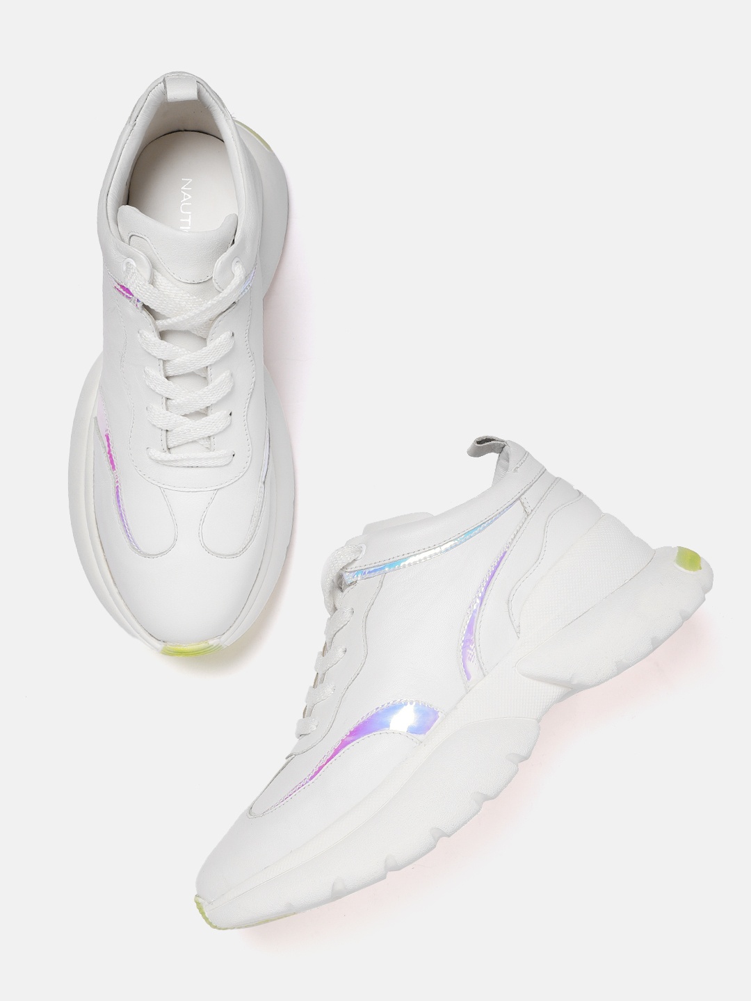 

Nautica Women White Solid Leather Sneakers with Iridescent Effect Detail