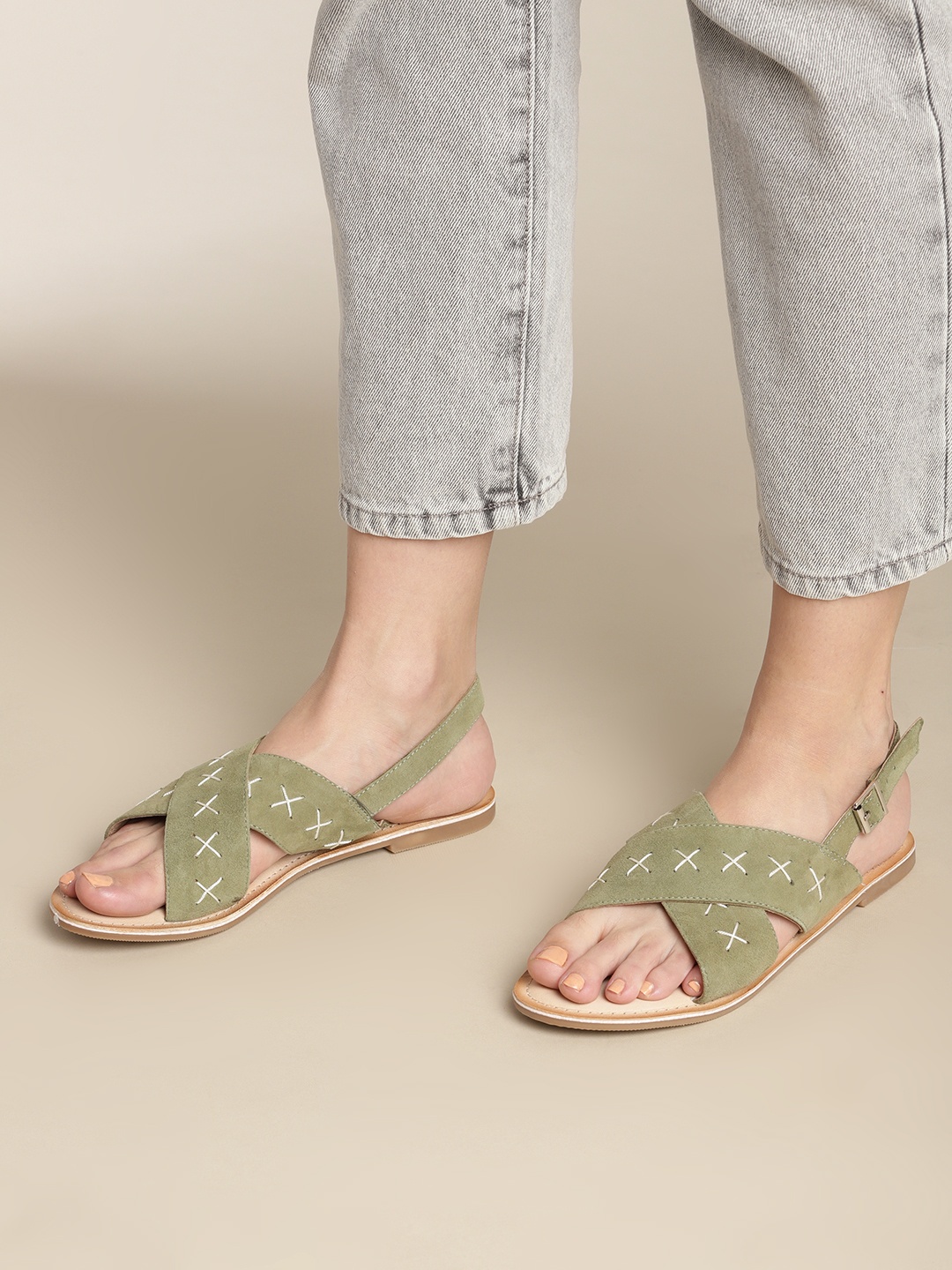 

Nautica Women Green Open Toe Leather Flats