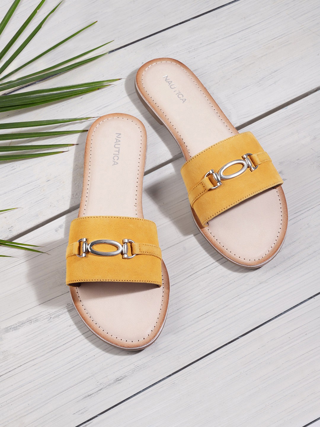 

Nautica Women Mustard Yellow Solid Open Toe Leather Flats with Metallic Detail