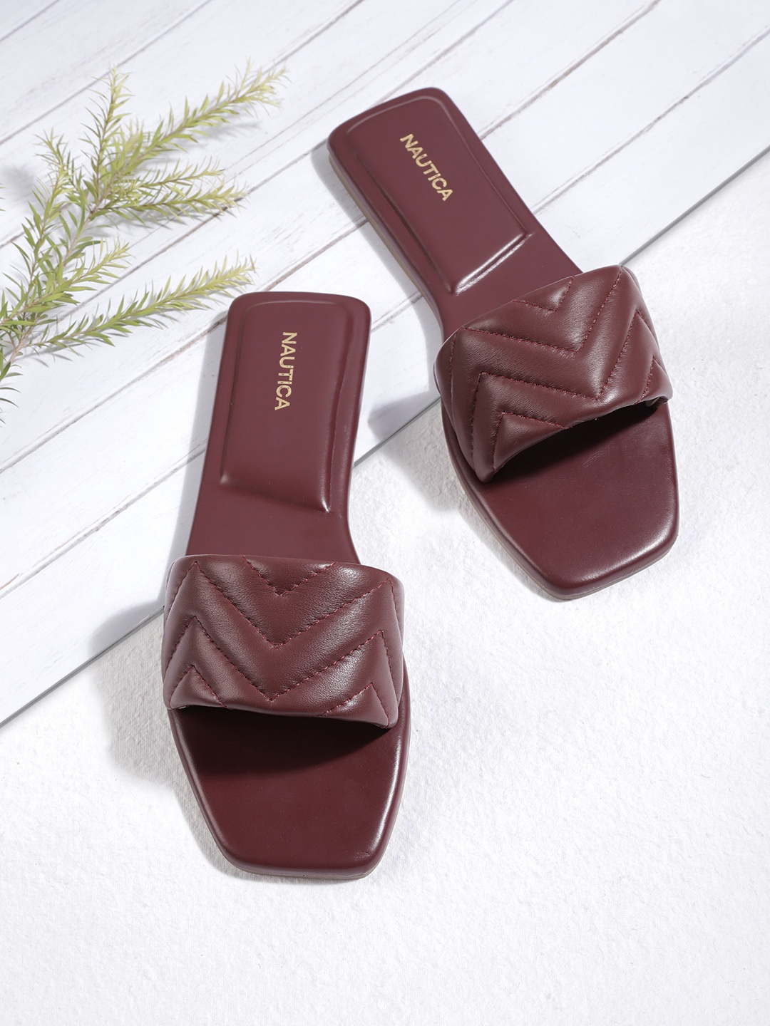

Nautica Women Burgundy Quilted Open Toe Leather Flats