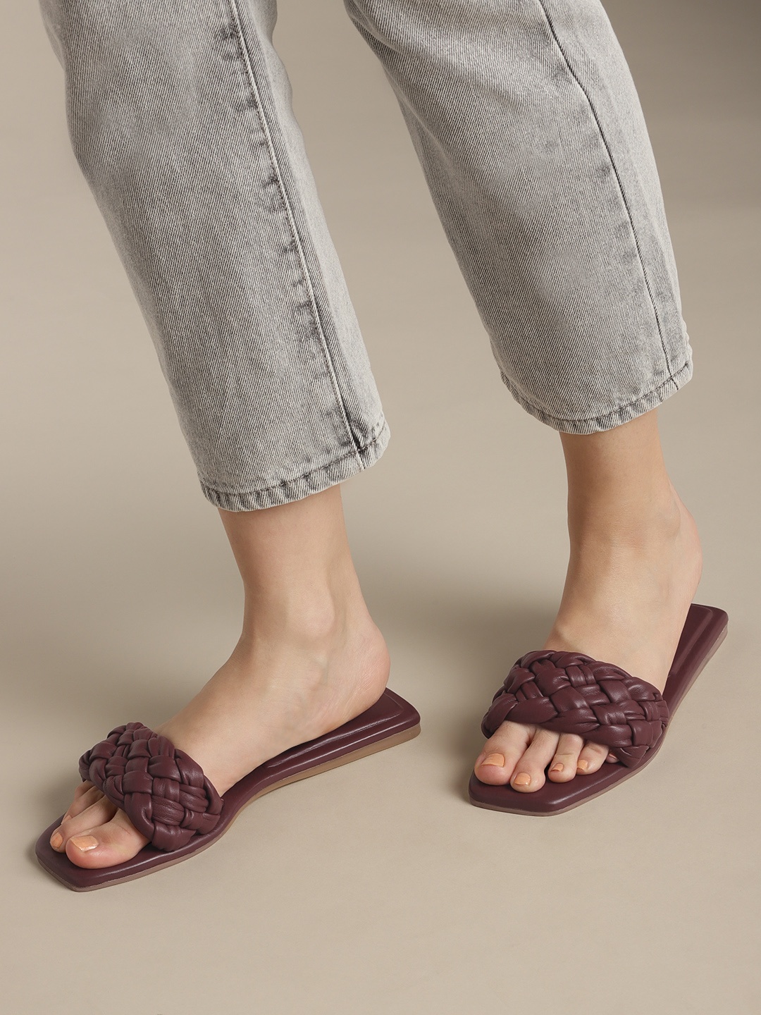 

Nautica Women Burgundy Basketweave Open Toe Leather Flats