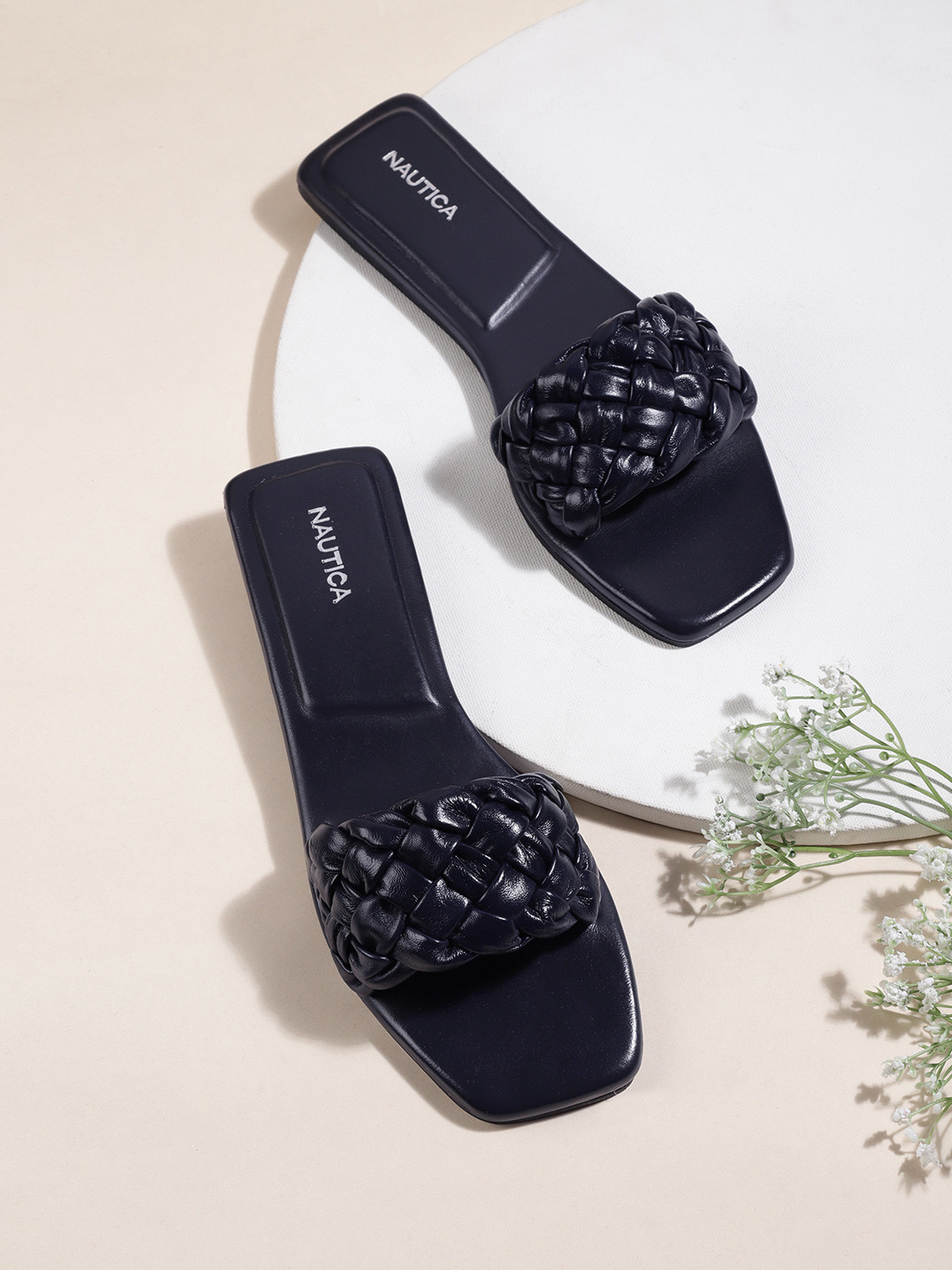 

Nautica Women Navy Blue Basketweave Open Toe Leather Flats
