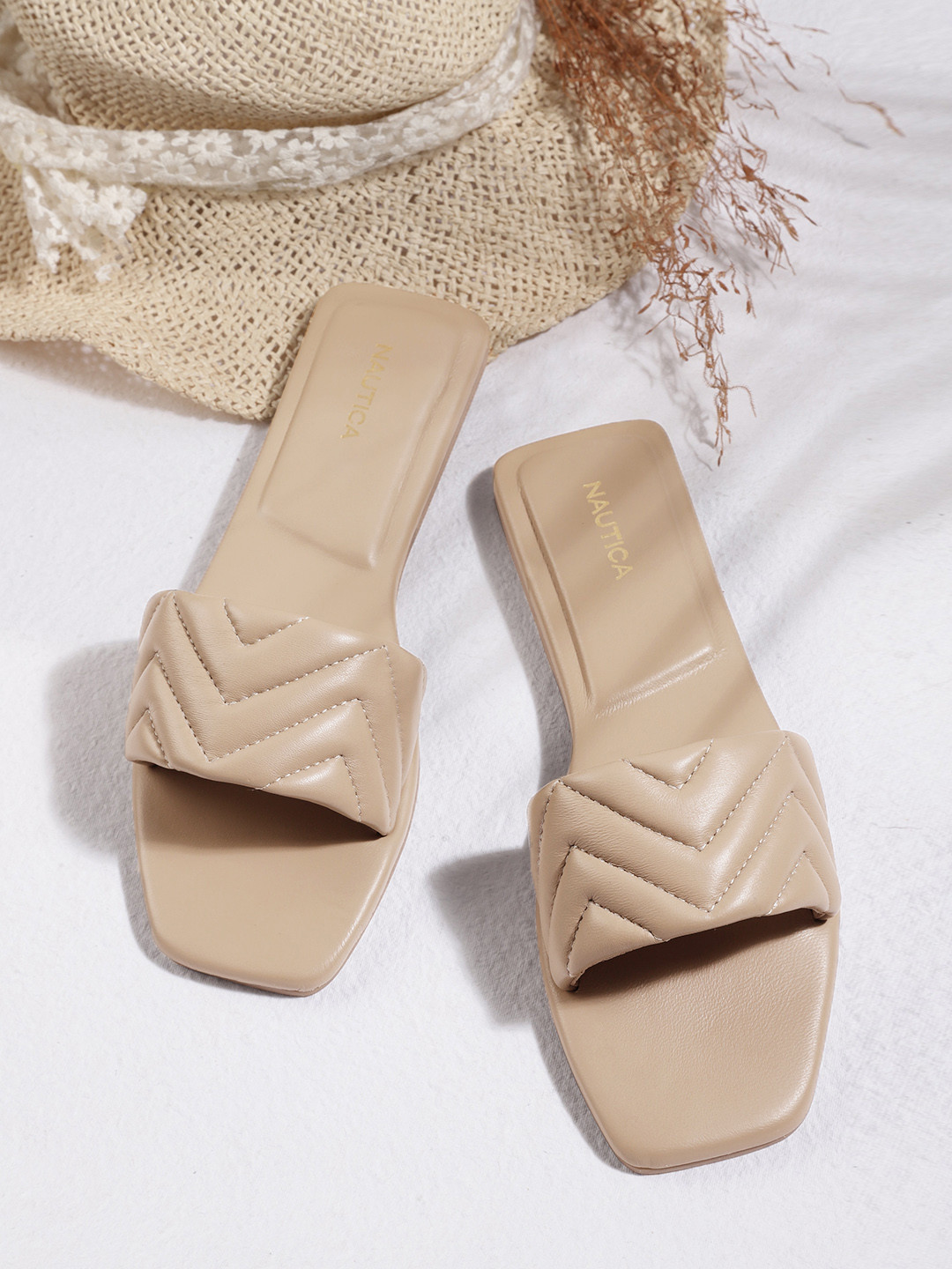 

Nautica Women Beige Quilted Open Toe Leather Flats