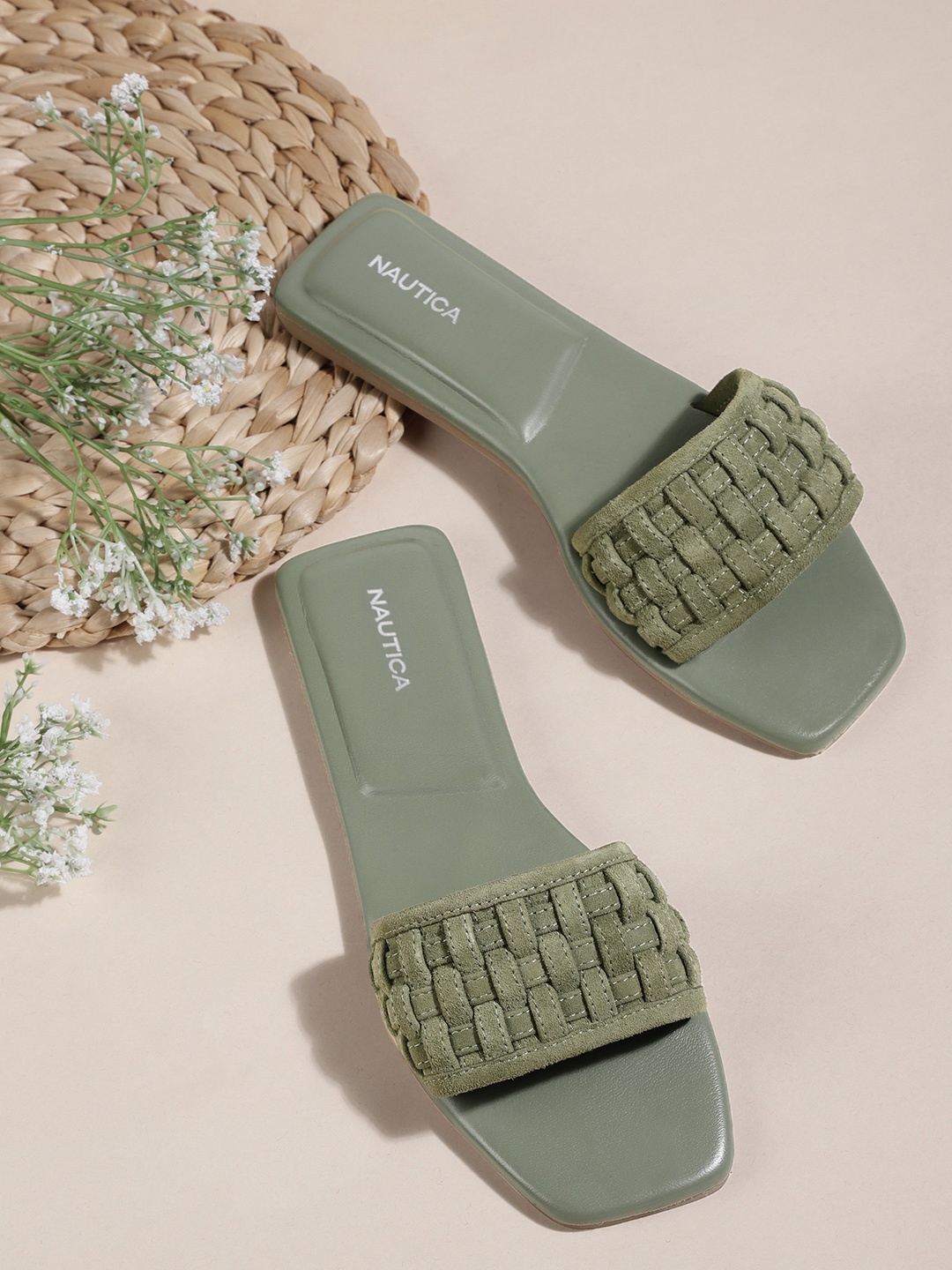

Nautica Women Olive Green Basketweave Open Toe Leather Flats