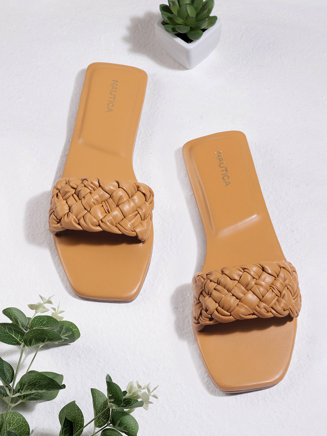 

Nautica Women Mustard Yellow Woven Design Open Toe Leather Flats