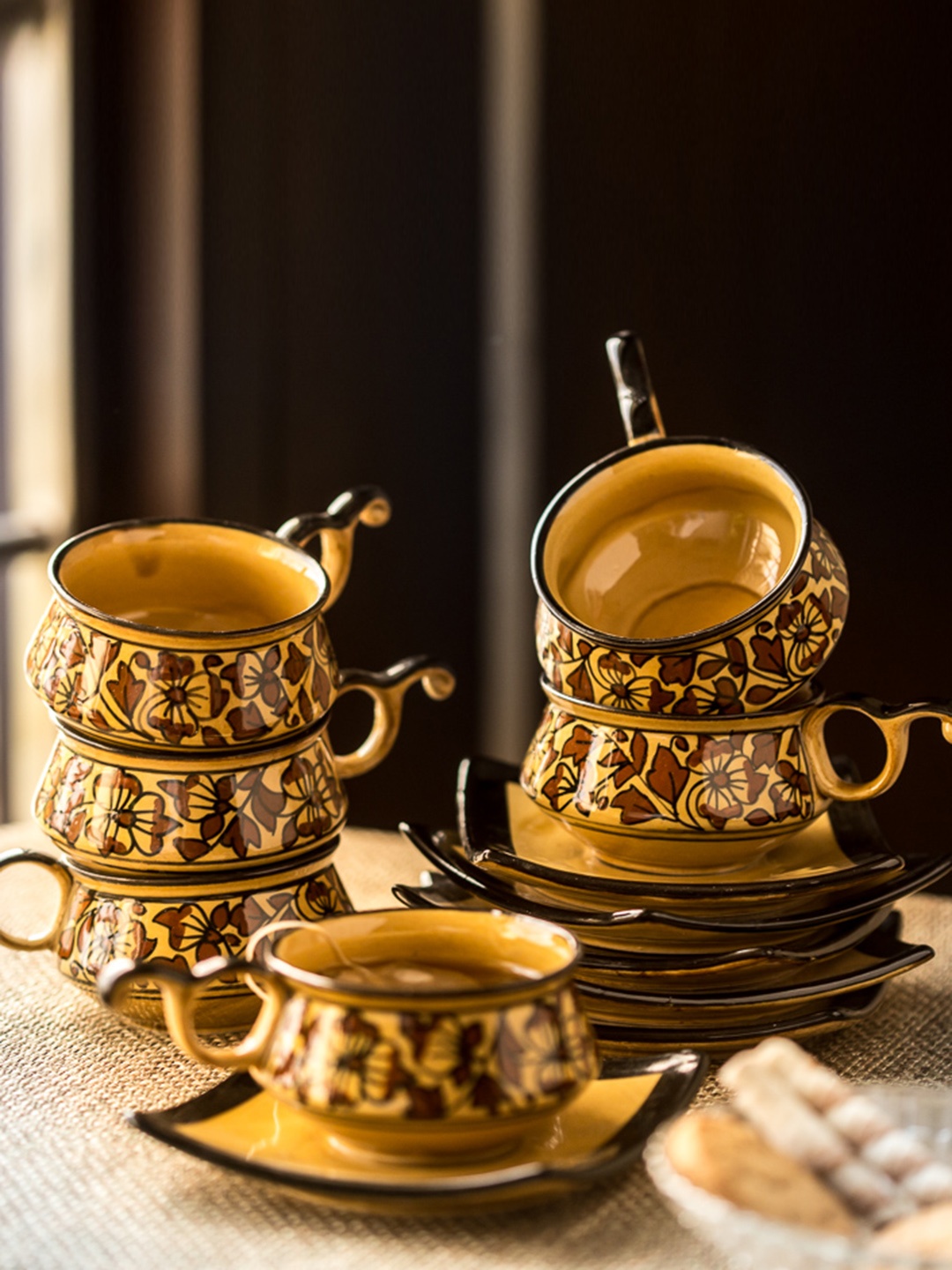 

ExclusiveLane Mustard Yellow Set of 6 Handcrafted Ceramic Cups & Saucers