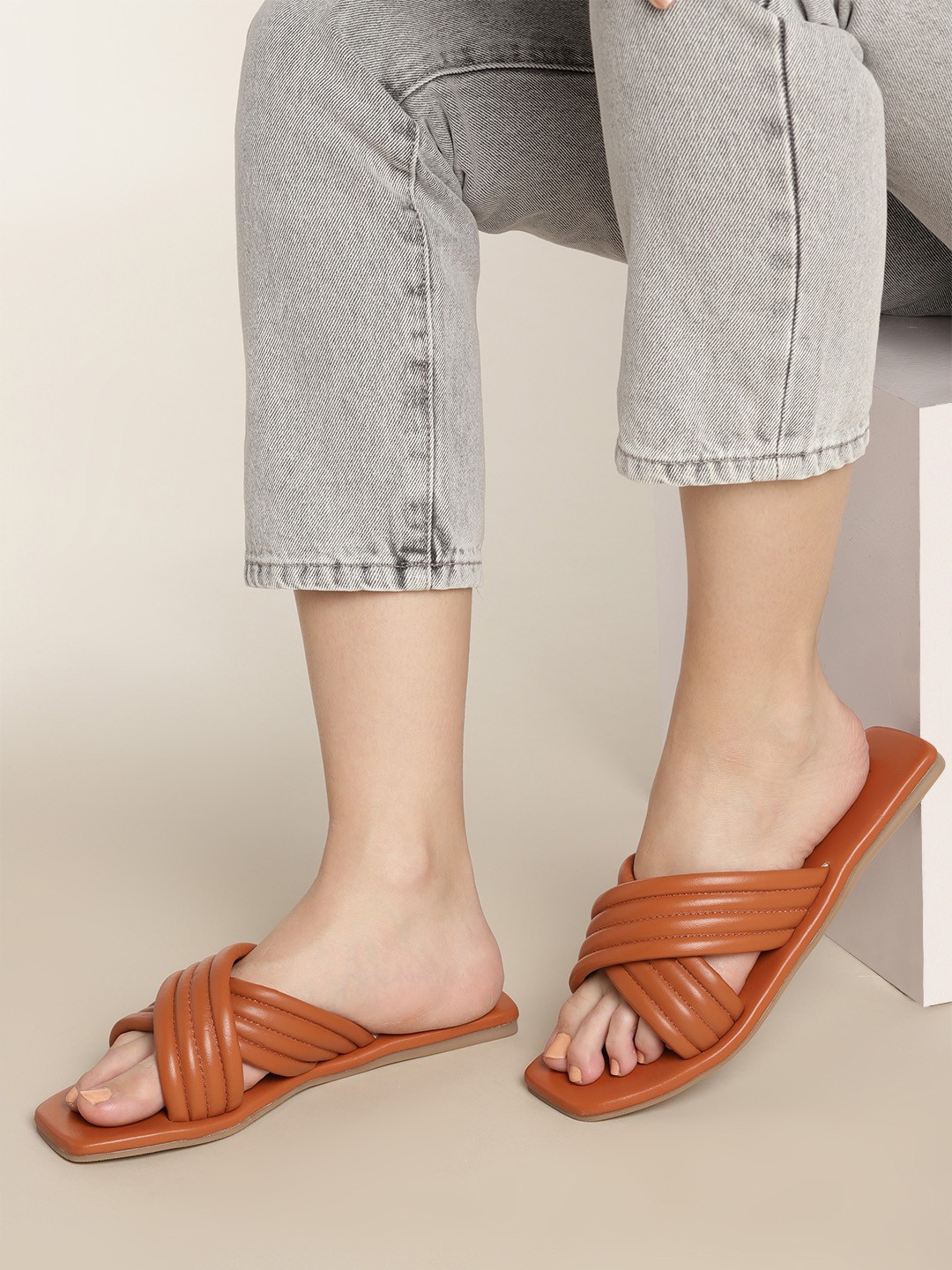 

Nautica Women Tan Brown Open Toe Leather Flats
