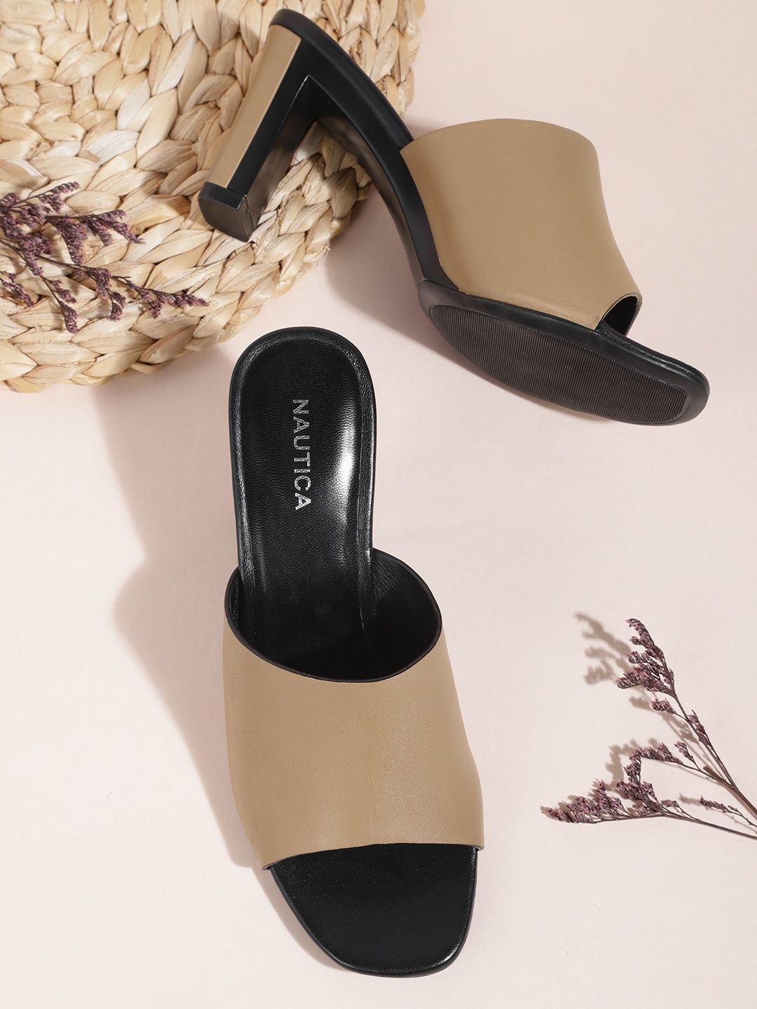 

Nautica Beige Solid Leather Block Heeled Mules