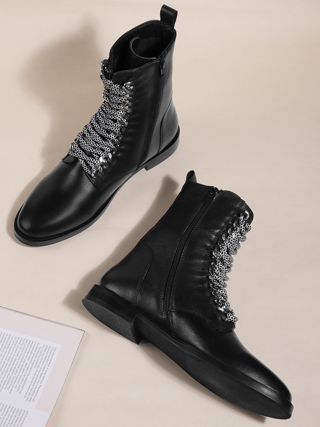 

Nautica Women Black High-Top Leather Flat Boots