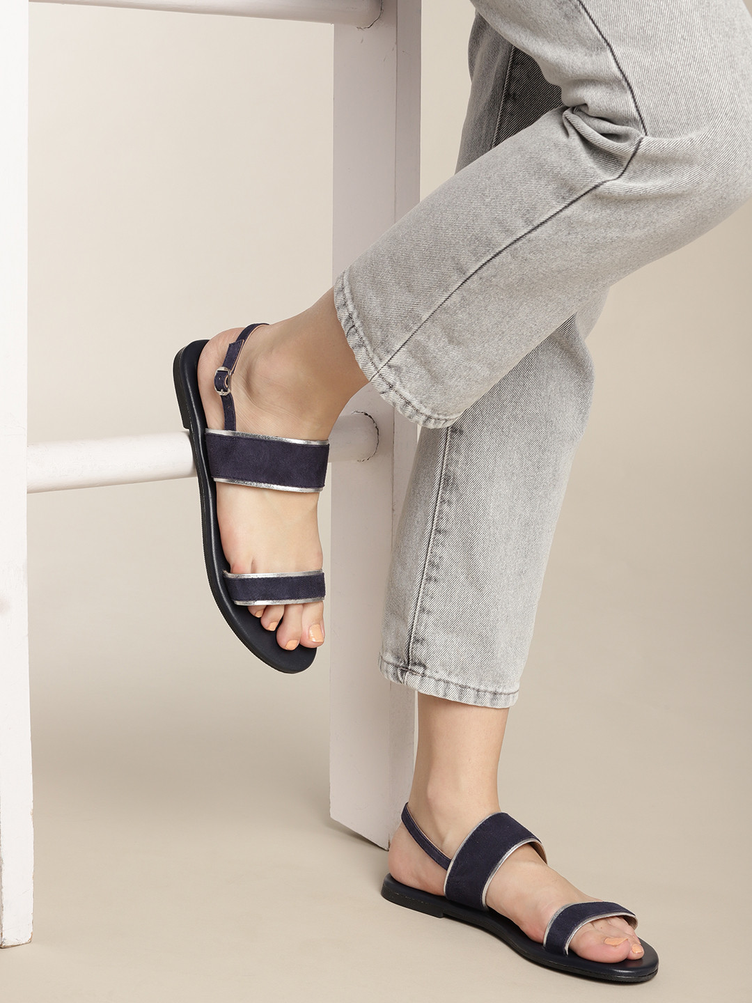 

Nautica Women Navy Blue Open Toe Leather Flats