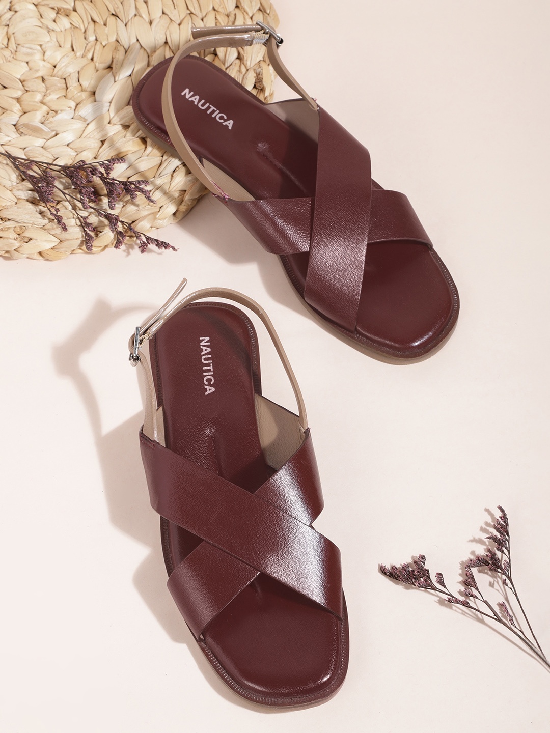 

Nautica Women Burgundy Solid Open Toe Leather Flats