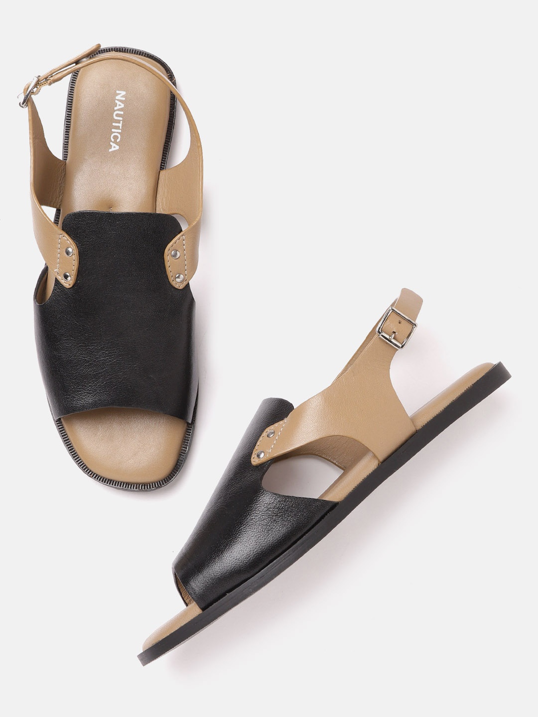 

Nautica Women Black & Beige Solid Leather Mules