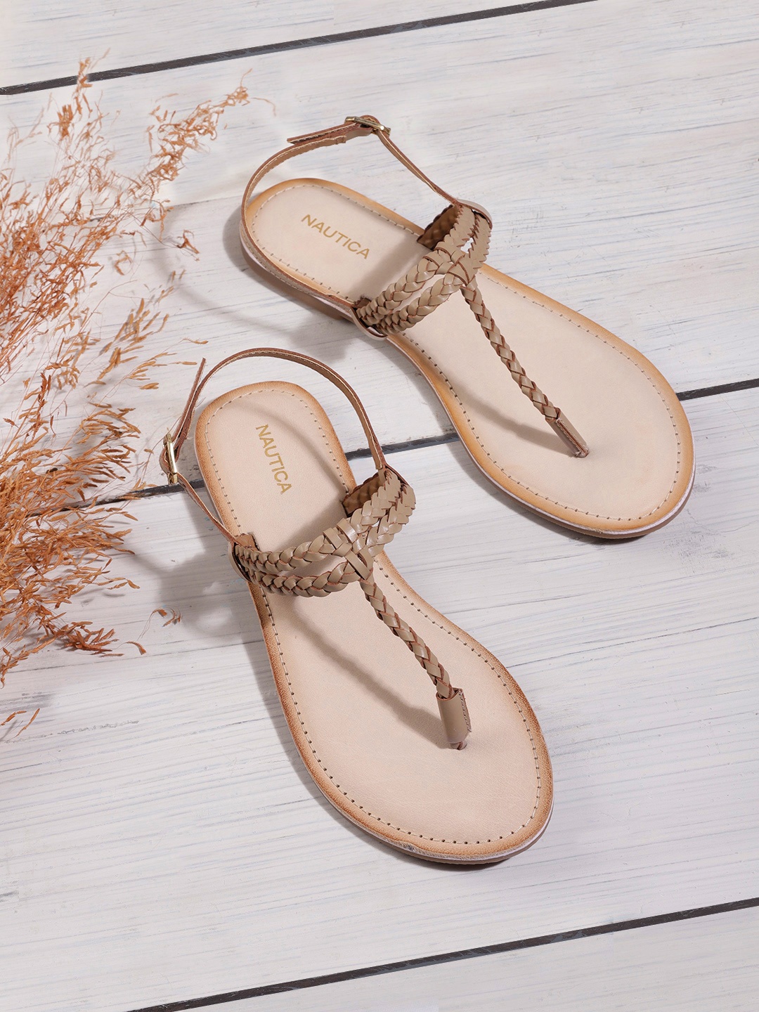 

Nautica Women Beige Braided T-Strap Leather Flats